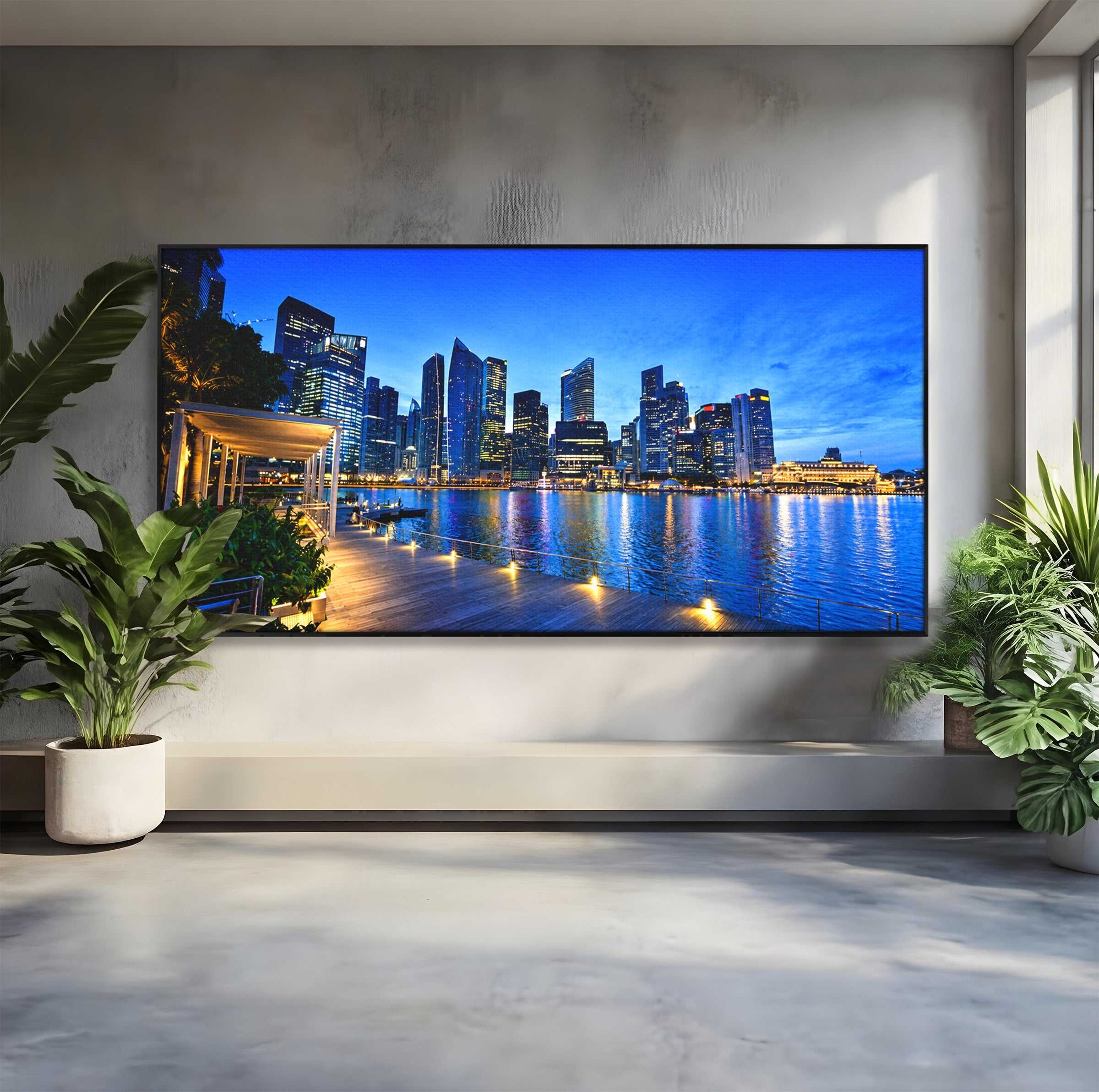 Tablou Canvas Premium LuxCanva® O1071, Oras Modern Noaptea, Oras, Noapte, Reflexii, Urban, Lumini, Living, Birou, Culori Vibrante