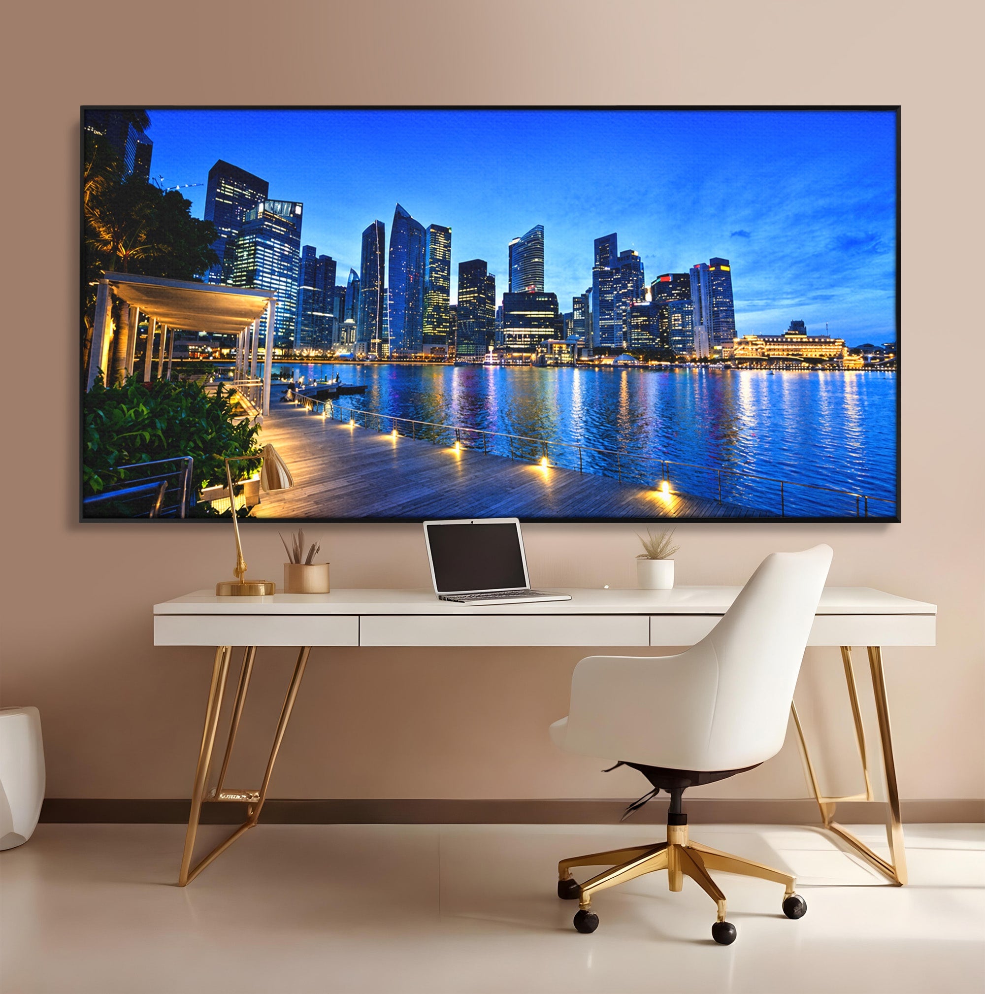 Tablou Canvas Premium LuxCanva® O1071, Oras Modern Noaptea, Oras, Noapte, Reflexii, Urban, Lumini, Living, Birou, Culori Vibrante
