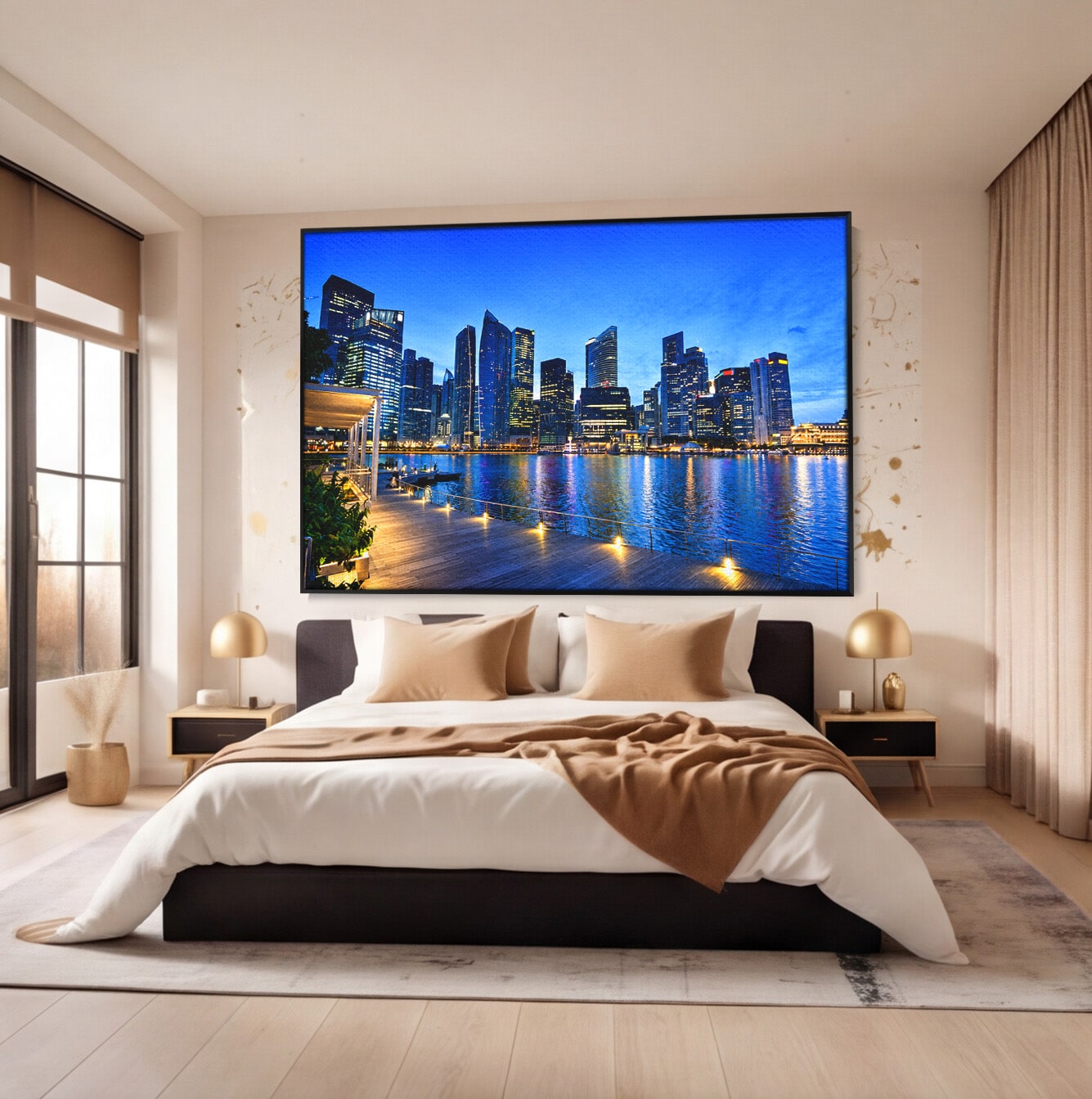 Tablou Canvas Premium LuxCanva® O1071, Oras Modern Noaptea, Oras, Noapte, Reflexii, Urban, Lumini, Living, Birou, Culori Vibrante