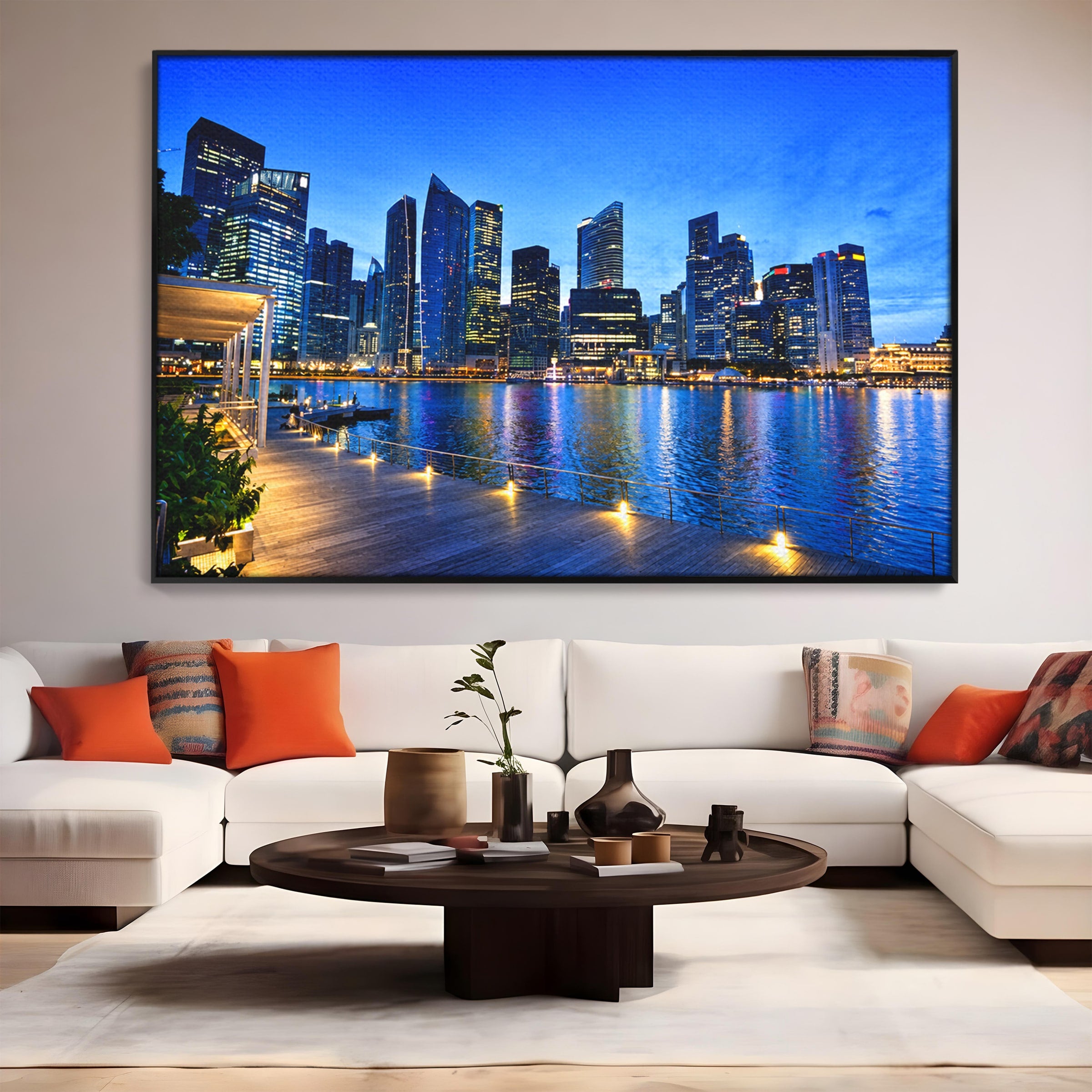 Tablou Canvas Premium LuxCanva® O1071, Oras Modern Noaptea, Oras, Noapte, Reflexii, Urban, Lumini, Living, Birou, Culori Vibrante