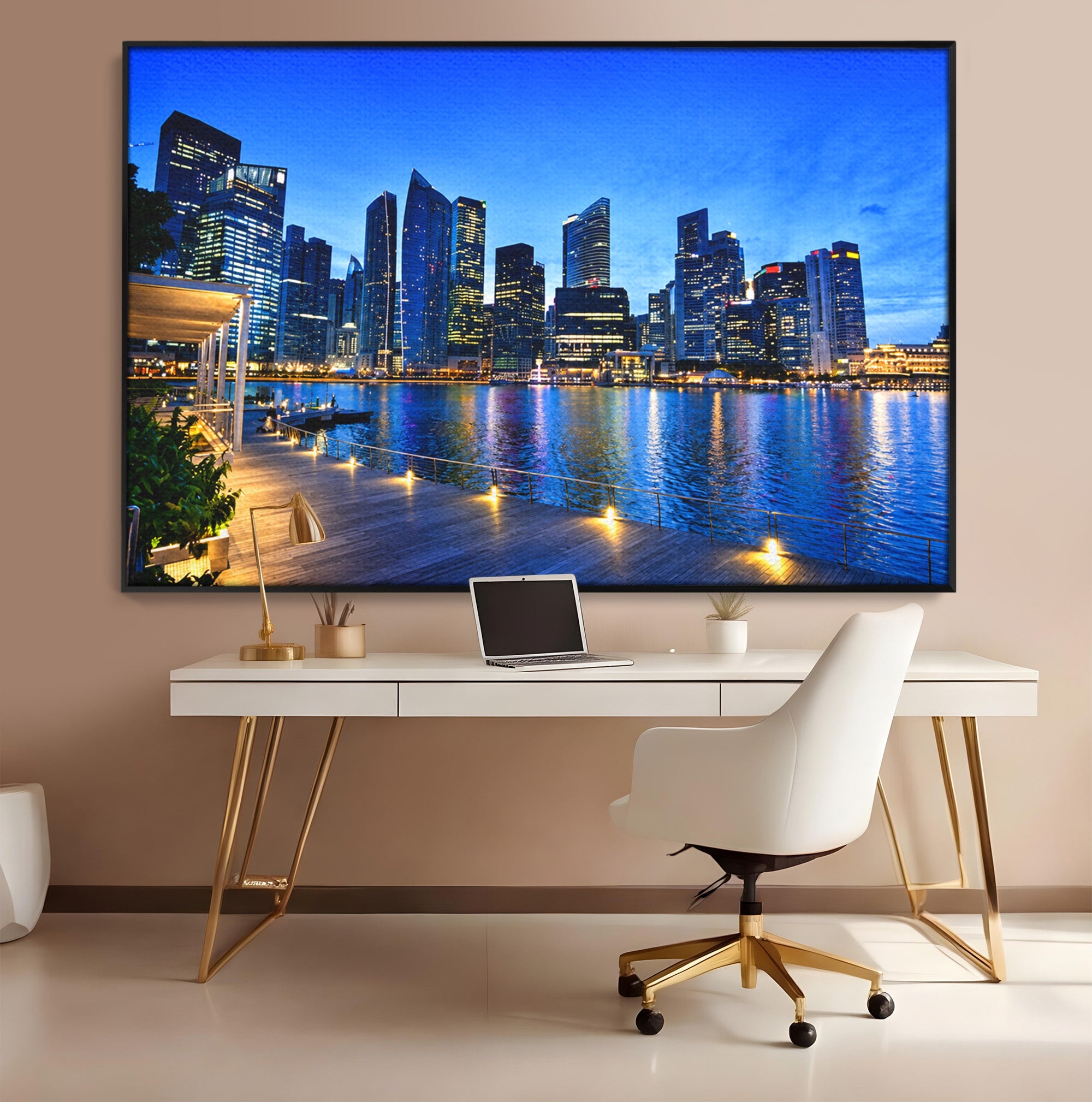 Tablou Canvas Premium LuxCanva® O1071, Oras Modern Noaptea, Oras, Noapte, Reflexii, Urban, Lumini, Living, Birou, Culori Vibrante