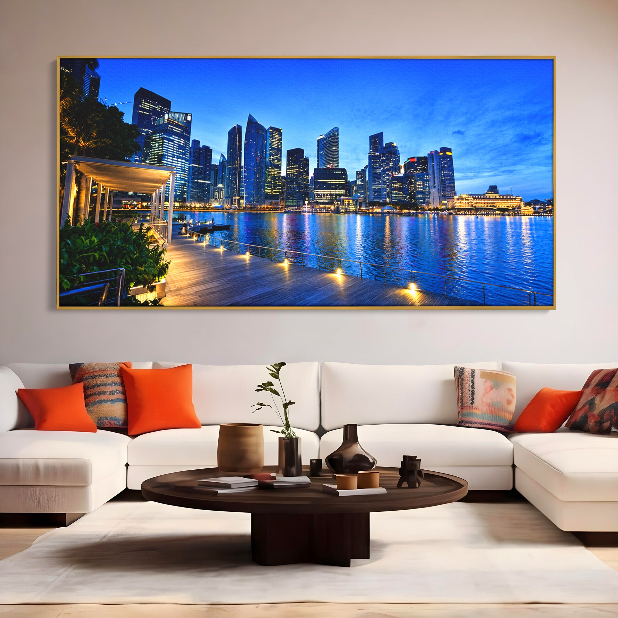 Tablou Canvas Premium LuxCanva® O1071, Oras Modern Noaptea, Oras, Noapte, Reflexii, Urban, Lumini, Living, Birou, Culori Vibrante