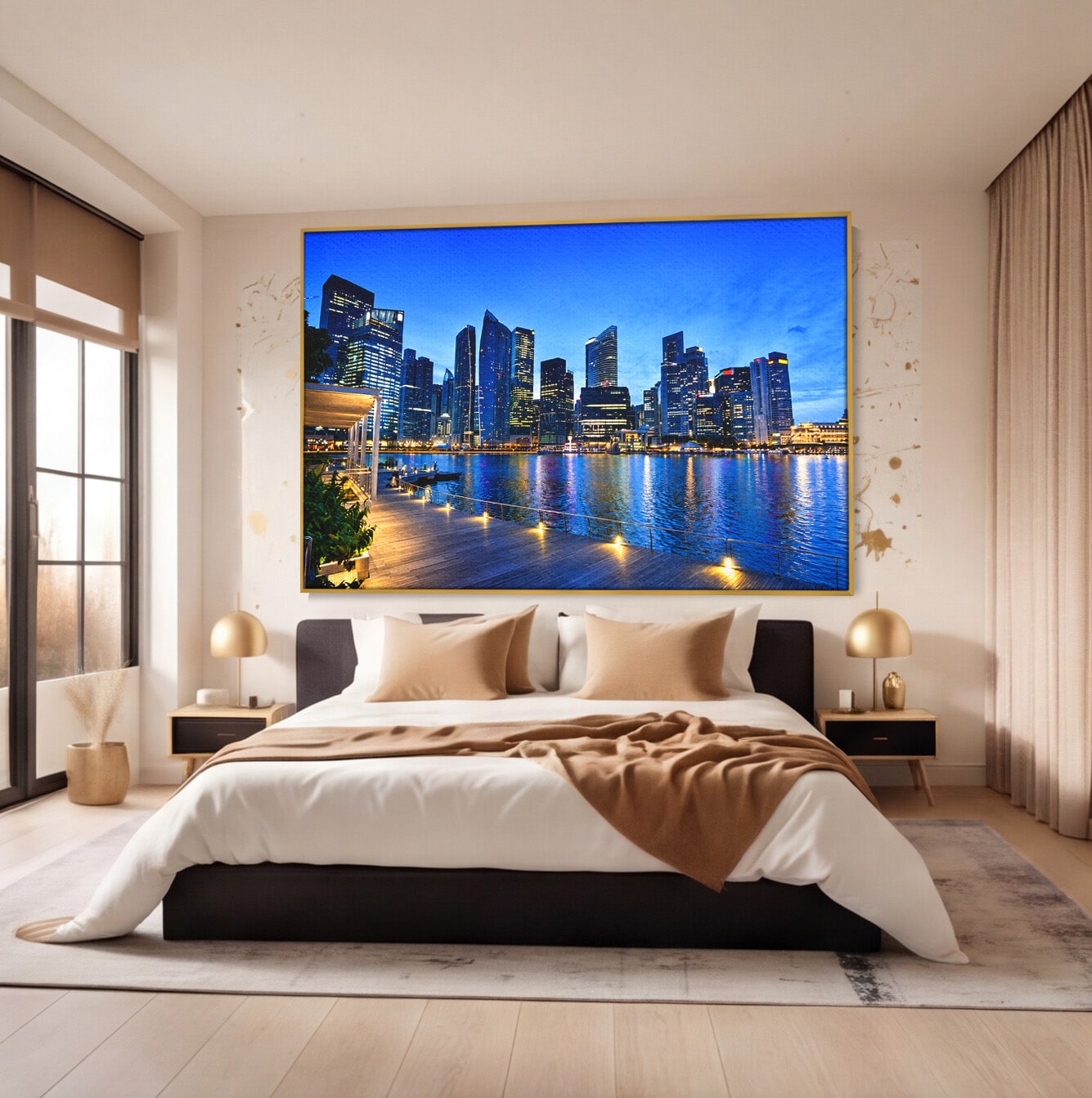 Tablou Canvas Premium LuxCanva® O1071, Oras Modern Noaptea, Oras, Noapte, Reflexii, Urban, Lumini, Living, Birou, Culori Vibrante