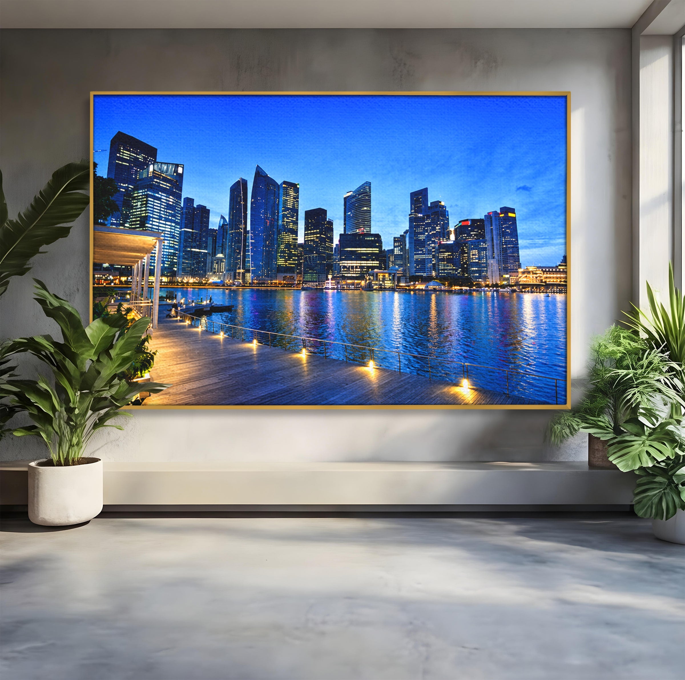 Tablou Canvas Premium LuxCanva® O1071, Oras Modern Noaptea, Oras, Noapte, Reflexii, Urban, Lumini, Living, Birou, Culori Vibrante