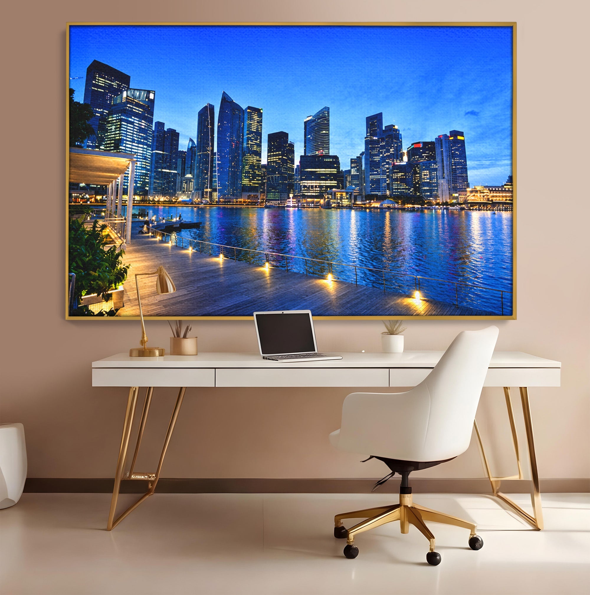 Tablou Canvas Premium LuxCanva® O1071, Oras Modern Noaptea, Oras, Noapte, Reflexii, Urban, Lumini, Living, Birou, Culori Vibrante