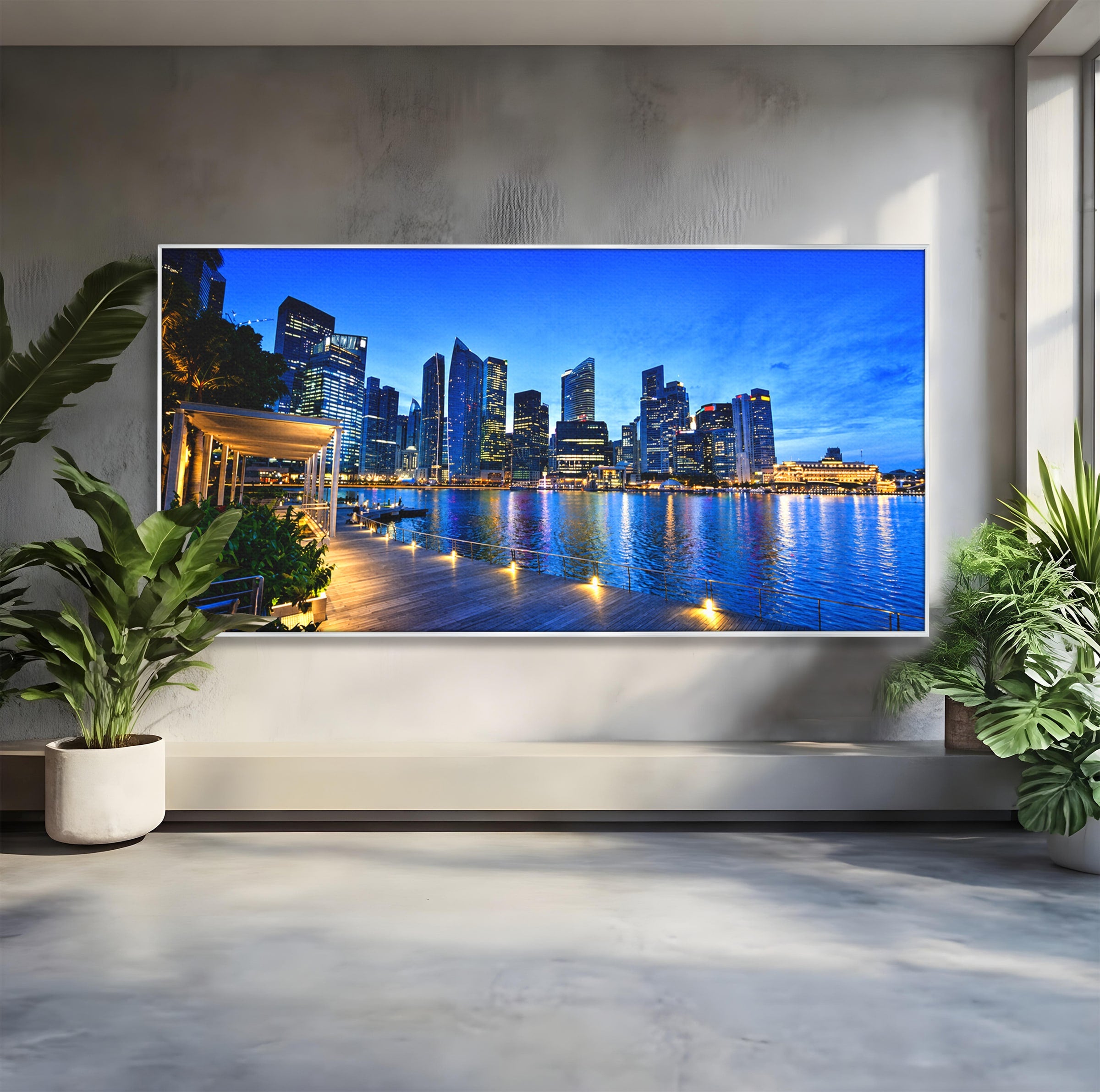 Tablou Canvas Premium LuxCanva® O1071, Oras Modern Noaptea, Oras, Noapte, Reflexii, Urban, Lumini, Living, Birou, Culori Vibrante