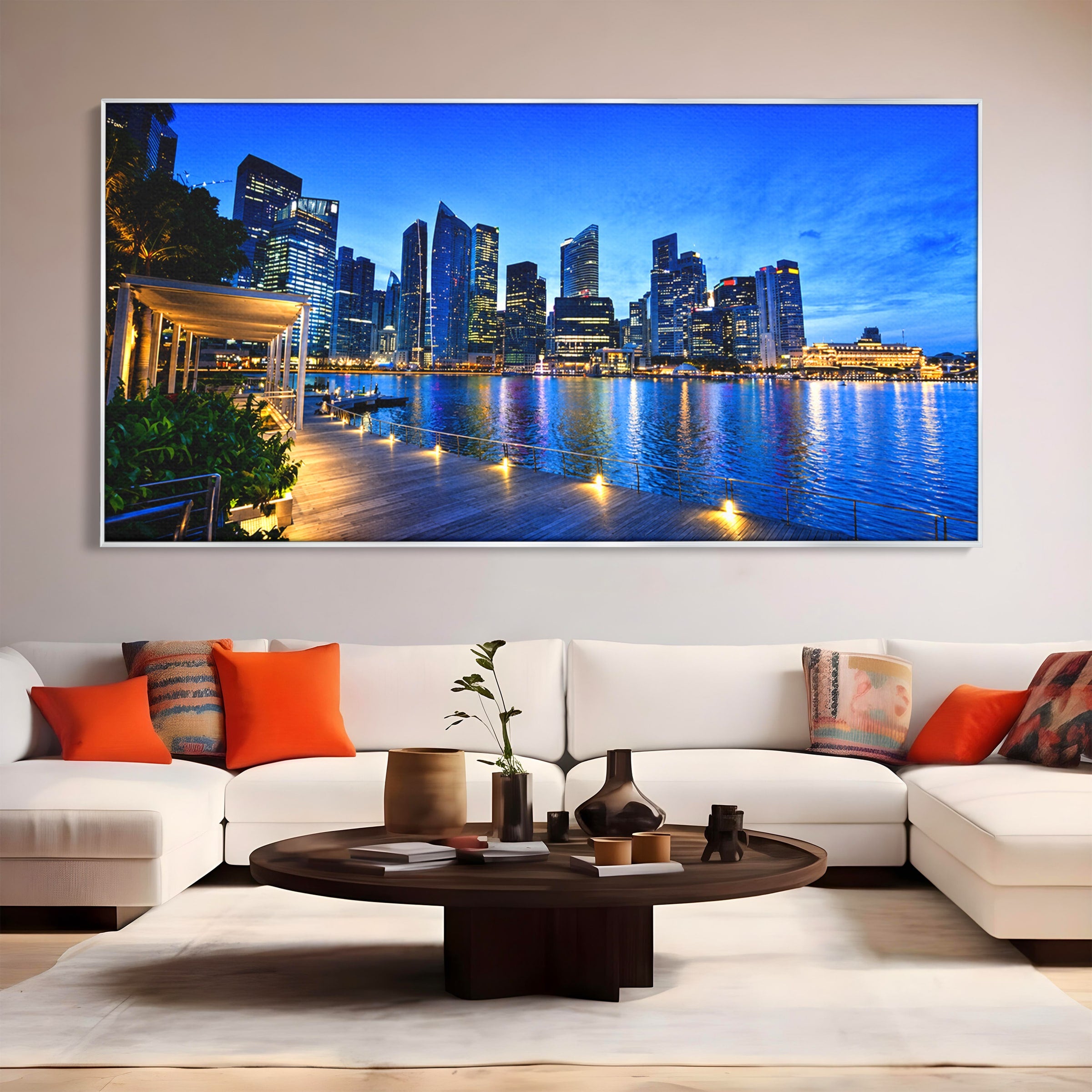 Tablou Canvas Premium LuxCanva® O1071, Oras Modern Noaptea, Oras, Noapte, Reflexii, Urban, Lumini, Living, Birou, Culori Vibrante