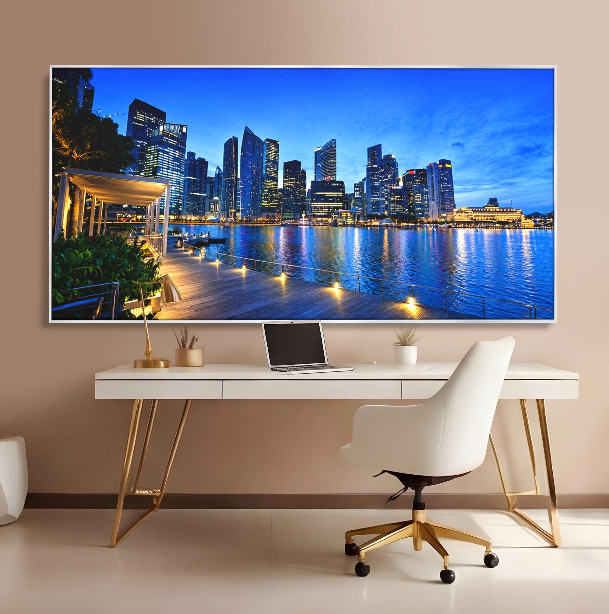 Tablou Canvas Premium LuxCanva® O1071, Oras Modern Noaptea, Oras, Noapte, Reflexii, Urban, Lumini, Living, Birou, Culori Vibrante