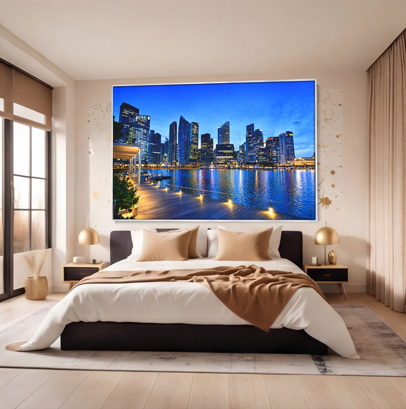Tablou Canvas Premium LuxCanva® O1071, Oras Modern Noaptea, Oras, Noapte, Reflexii, Urban, Lumini, Living, Birou, Culori Vibrante