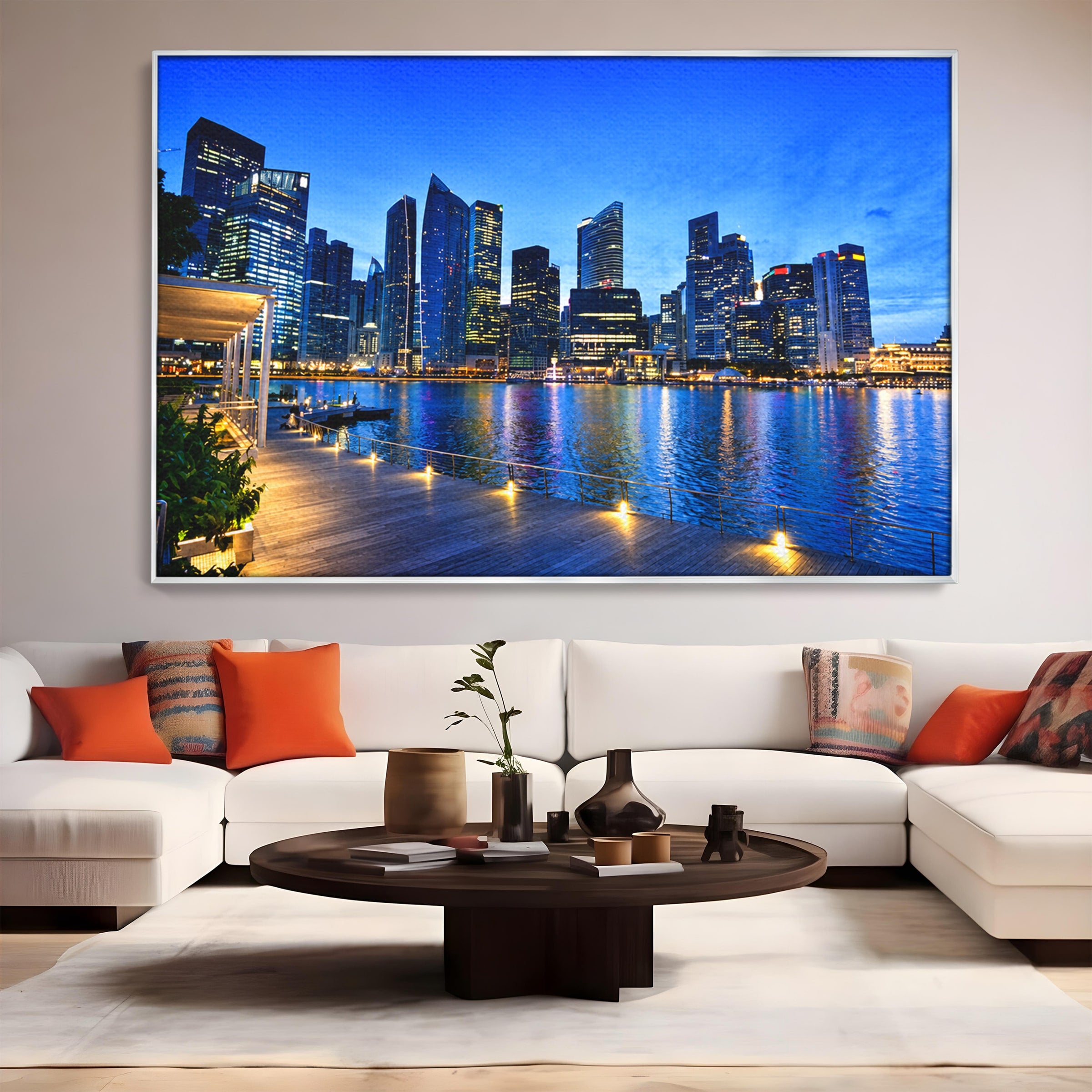 Tablou Canvas Premium LuxCanva® O1071, Oras Modern Noaptea, Oras, Noapte, Reflexii, Urban, Lumini, Living, Birou, Culori Vibrante