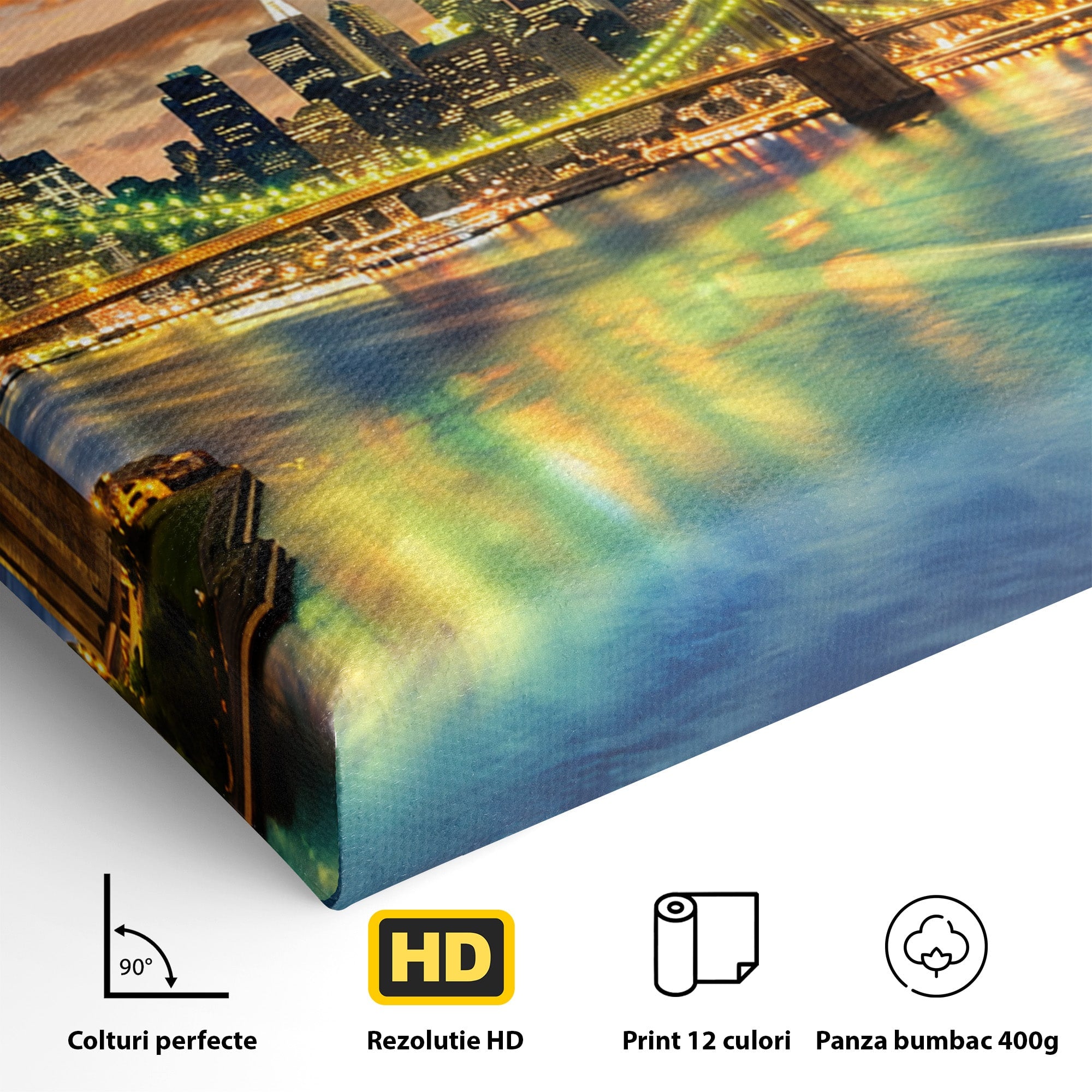 Tablou Canvas Premium LuxCanva® O1072, Orasul Luminat, Oras, Pod, Apus, Reflexii, Living, Culori Vibrante
