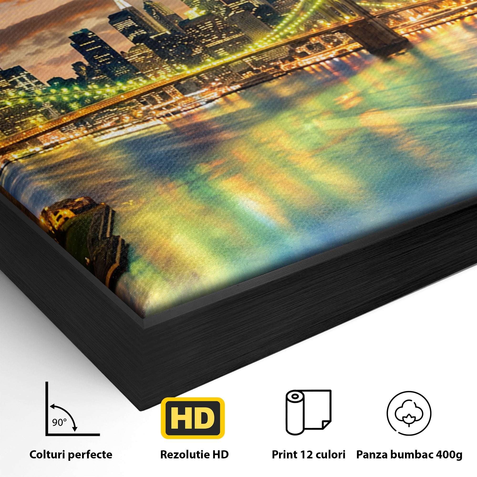 Tablou Canvas Premium LuxCanva® O1072, Orasul Luminat, Oras, Pod, Apus, Reflexii, Living, Culori Vibrante