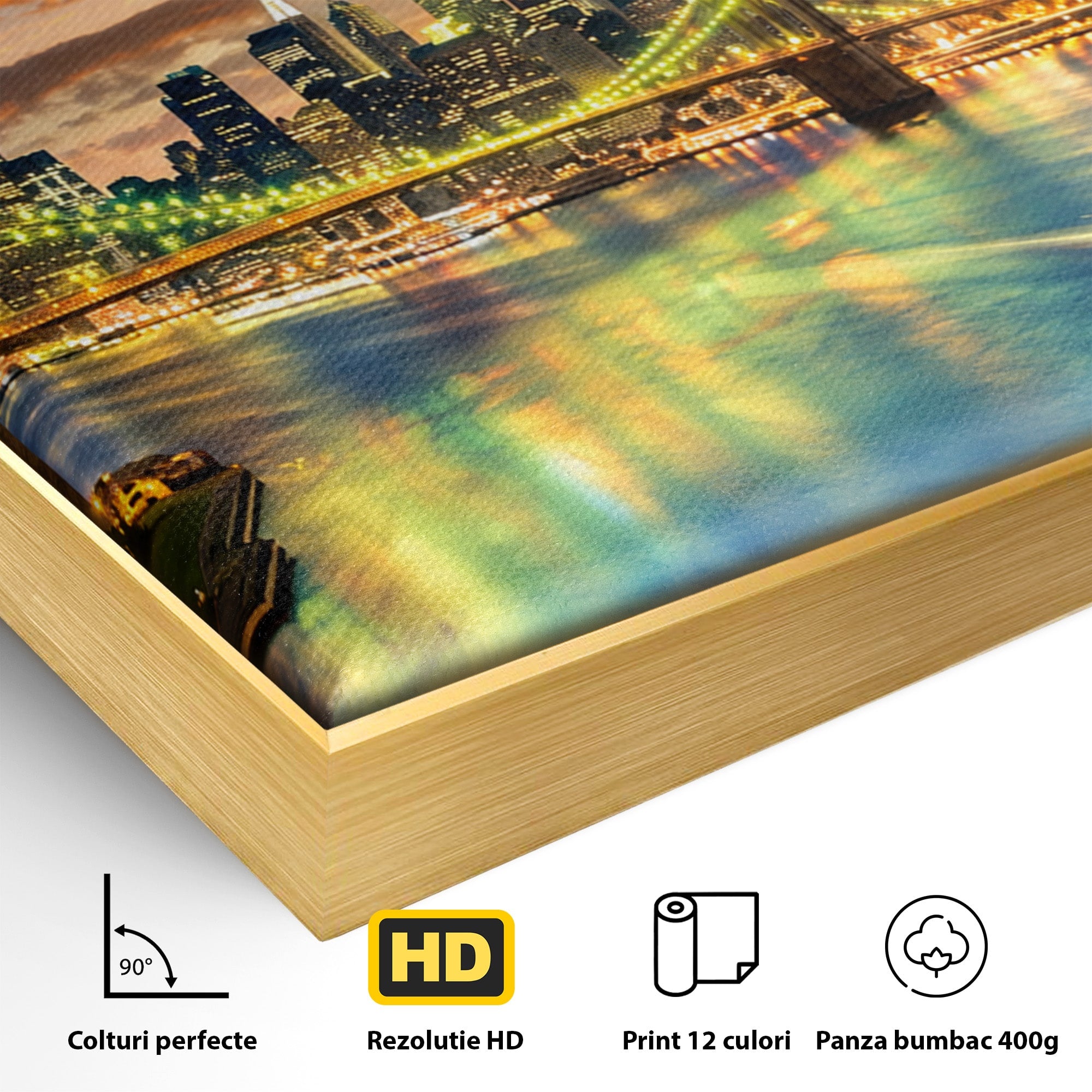 Tablou Canvas Premium LuxCanva® O1072, Orasul Luminat, Oras, Pod, Apus, Reflexii, Living, Culori Vibrante