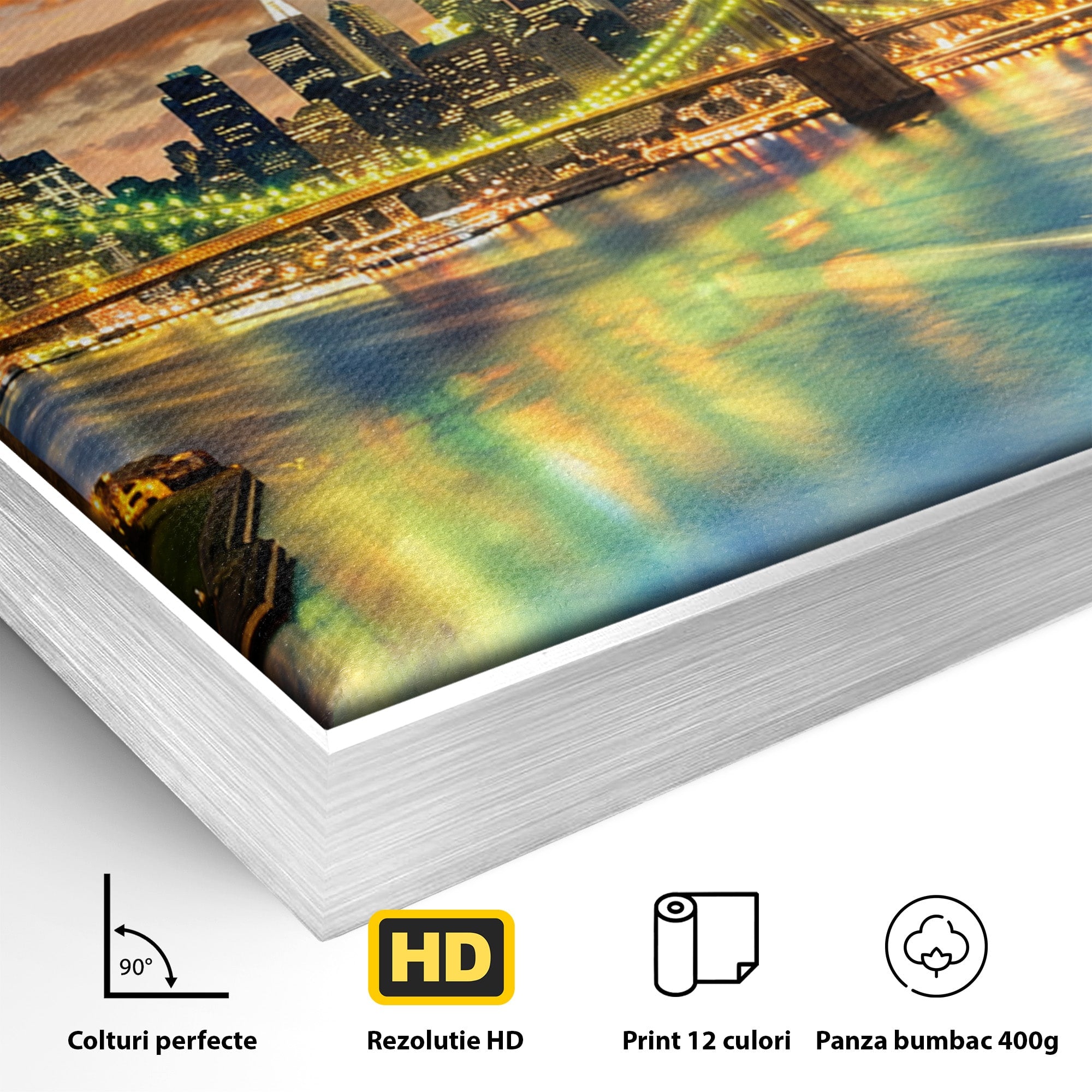 Tablou Canvas Premium LuxCanva® O1072, Orasul Luminat, Oras, Pod, Apus, Reflexii, Living, Culori Vibrante