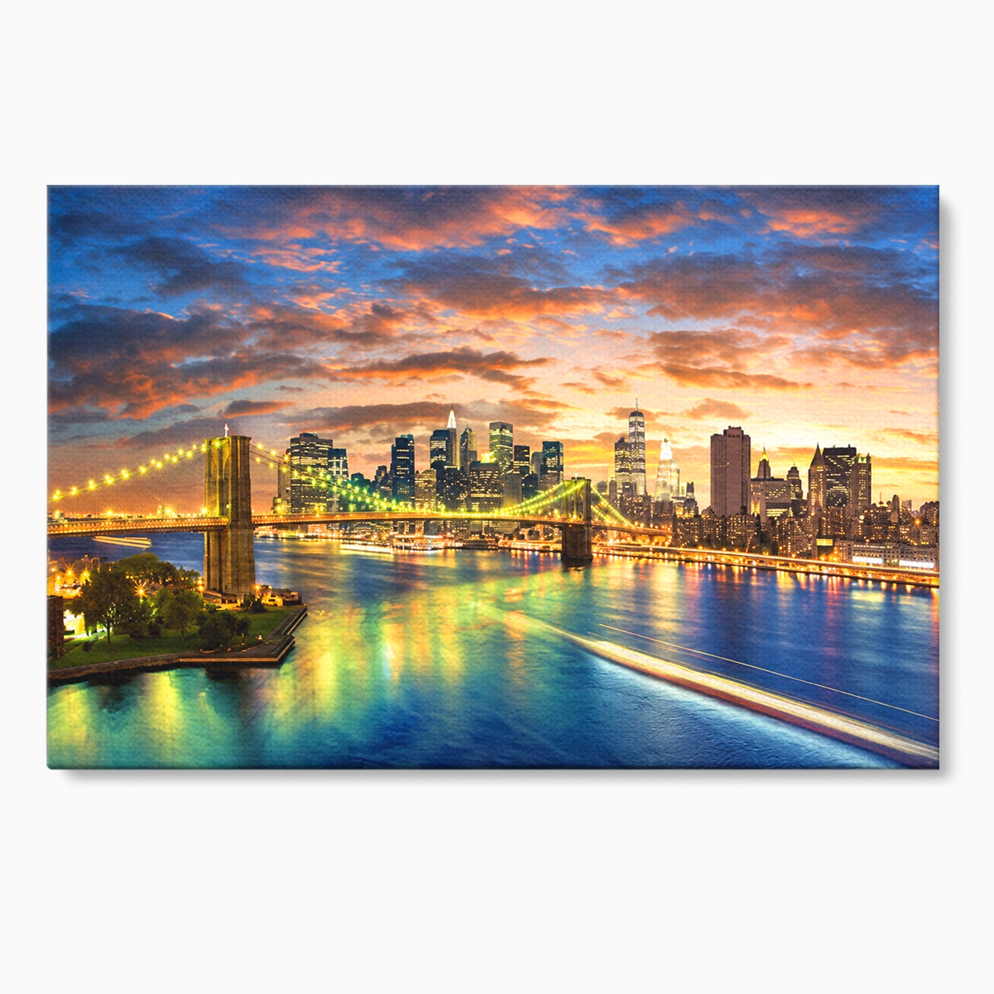 Tablou Canvas Premium LuxCanva® O1072, Orasul Luminat, Oras, Pod, Apus, Reflexii, Living, Culori Vibrante