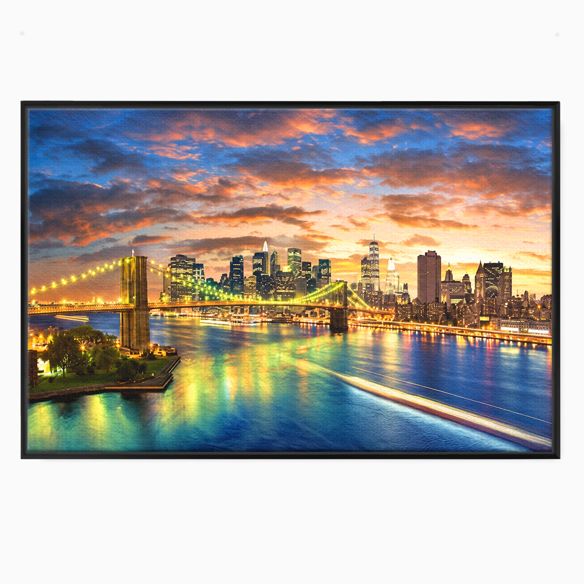 Tablou Canvas Premium LuxCanva® O1072, Orasul Luminat, Oras, Pod, Apus, Reflexii, Living, Culori Vibrante