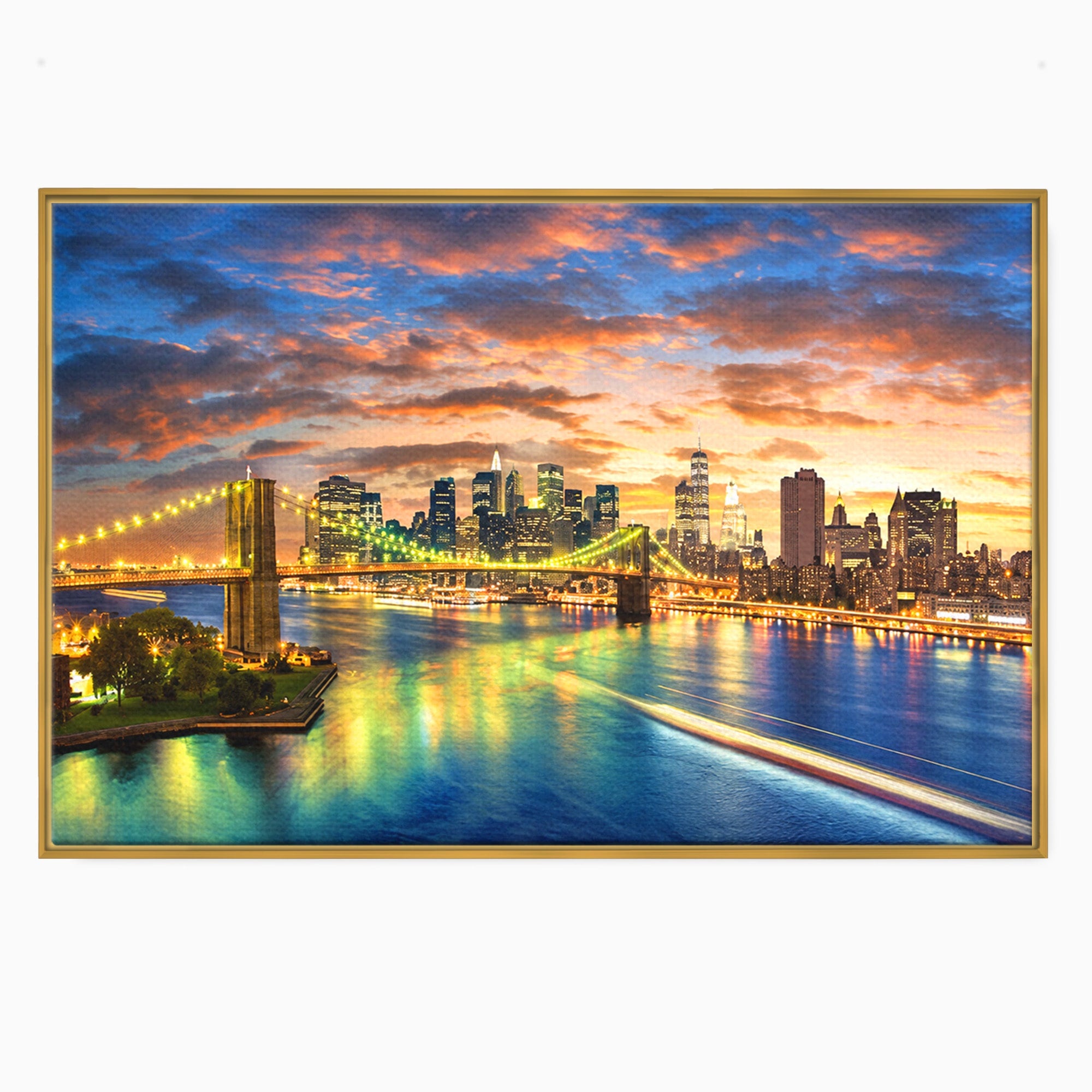 Tablou Canvas Premium LuxCanva® O1072, Orasul Luminat, Oras, Pod, Apus, Reflexii, Living, Culori Vibrante
