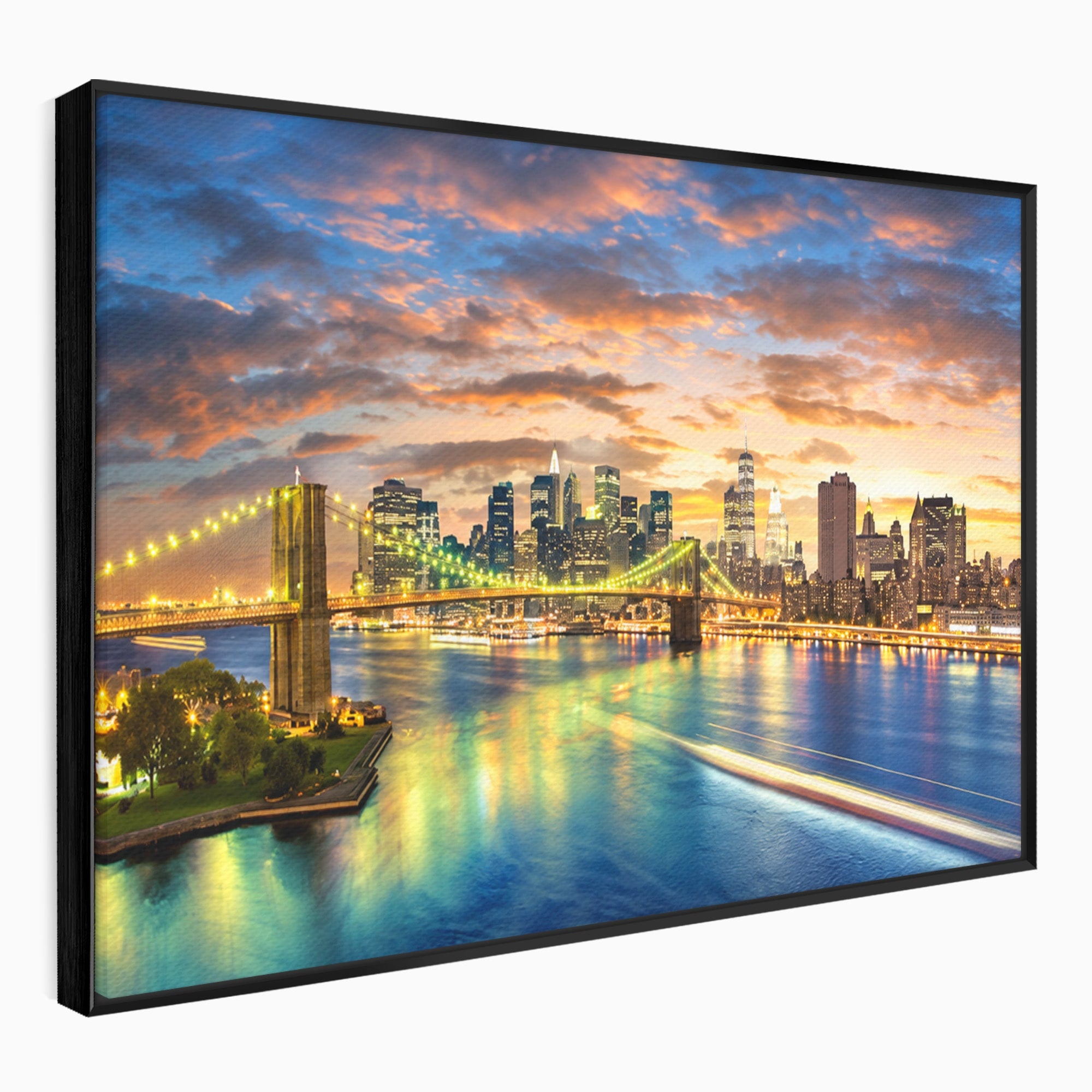 Tablou Canvas Premium LuxCanva® O1072, Orasul Luminat, Oras, Pod, Apus, Reflexii, Living, Culori Vibrante
