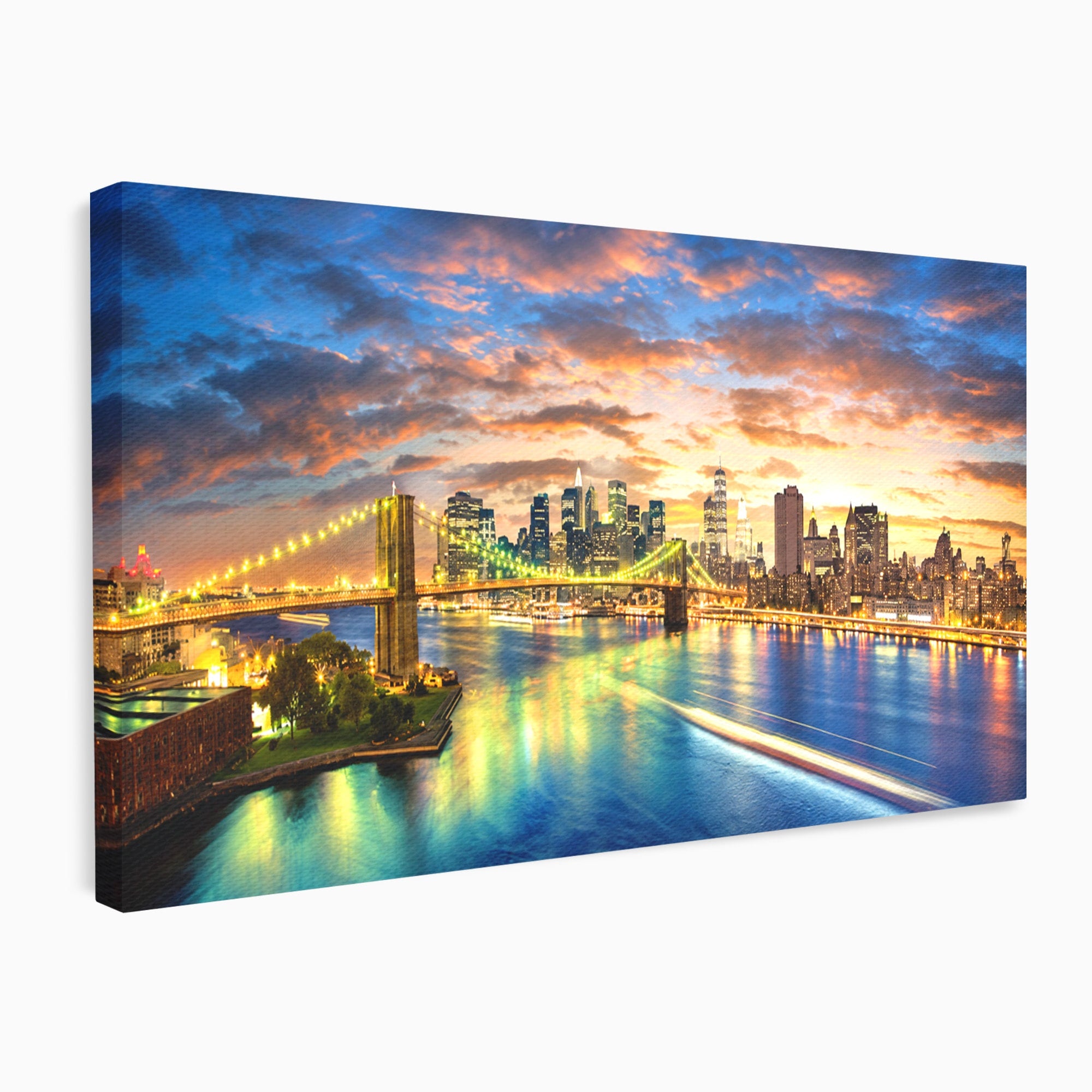 Tablou Canvas Premium LuxCanva® O1072, Orasul Luminat, Oras, Pod, Apus, Reflexii, Living, Culori Vibrante