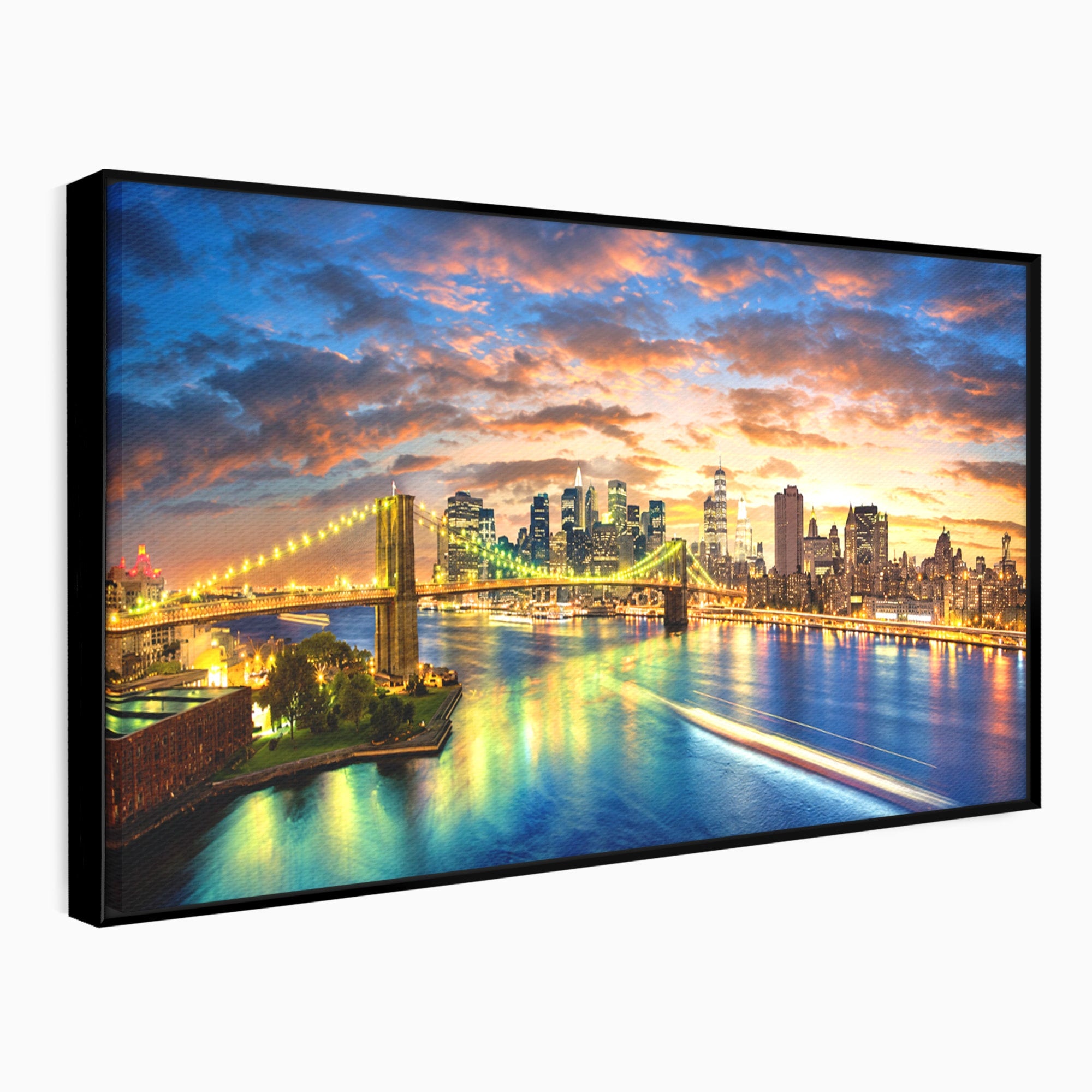 Tablou Canvas Premium LuxCanva® O1072, Orasul Luminat, Oras, Pod, Apus, Reflexii, Living, Culori Vibrante