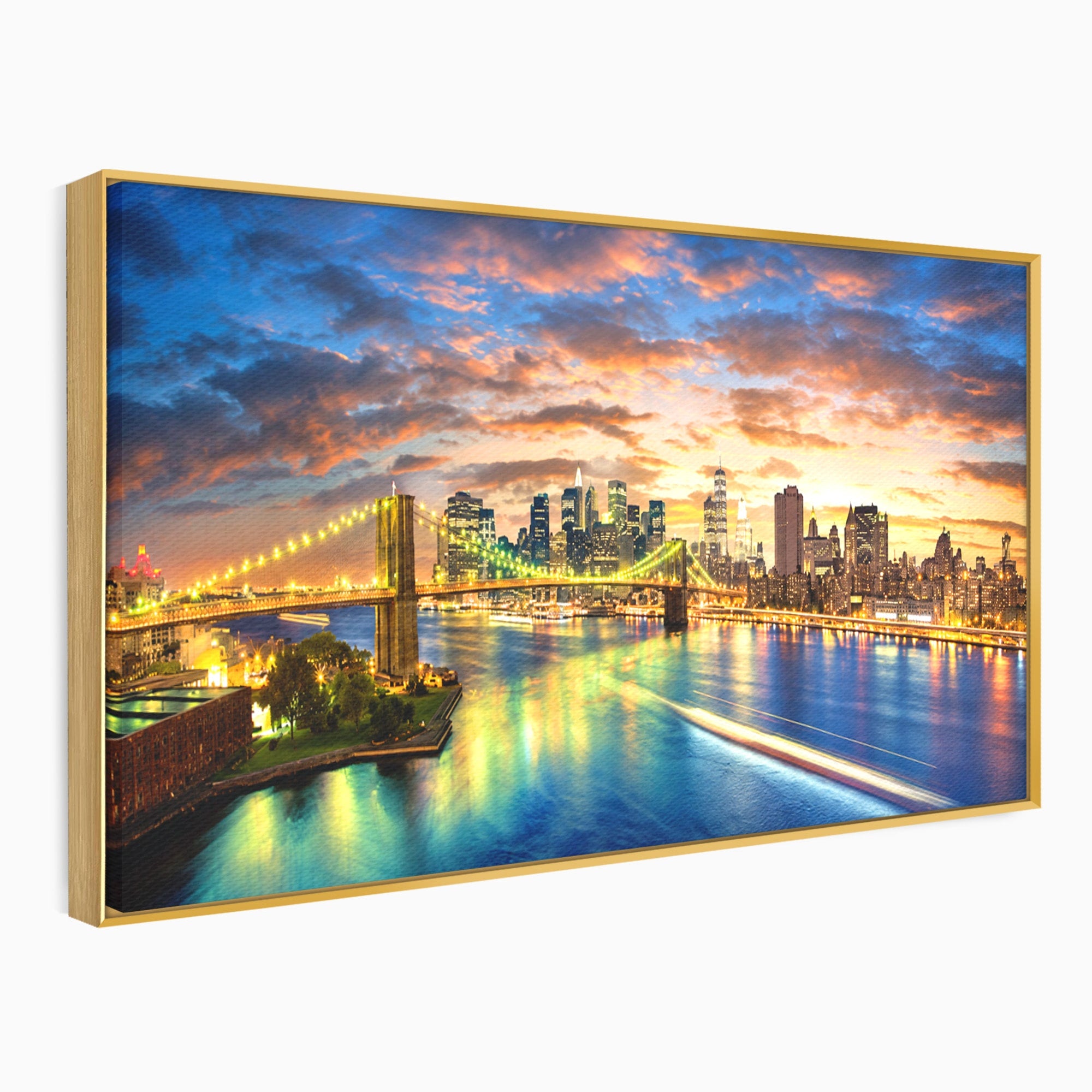 Tablou Canvas Premium LuxCanva® O1072, Orasul Luminat, Oras, Pod, Apus, Reflexii, Living, Culori Vibrante