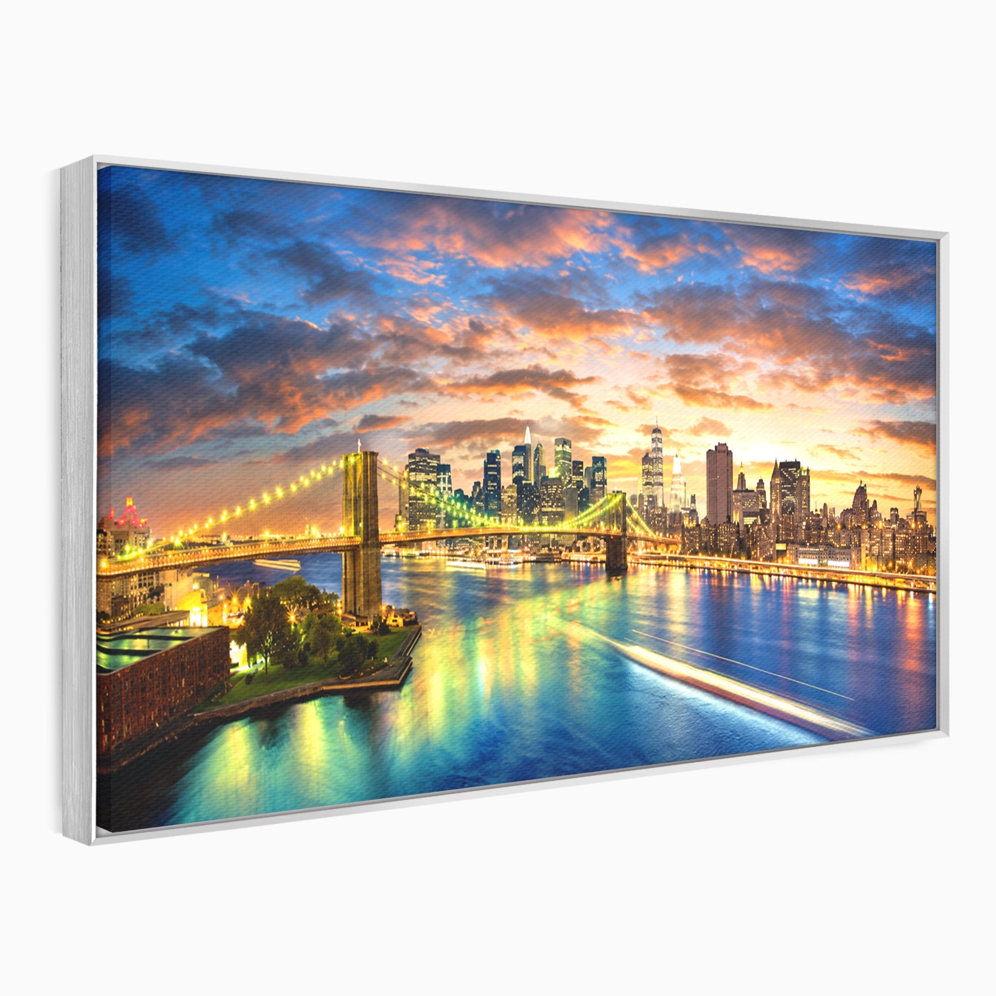 Tablou Canvas Premium LuxCanva® O1072, Orasul Luminat, Oras, Pod, Apus, Reflexii, Living, Culori Vibrante