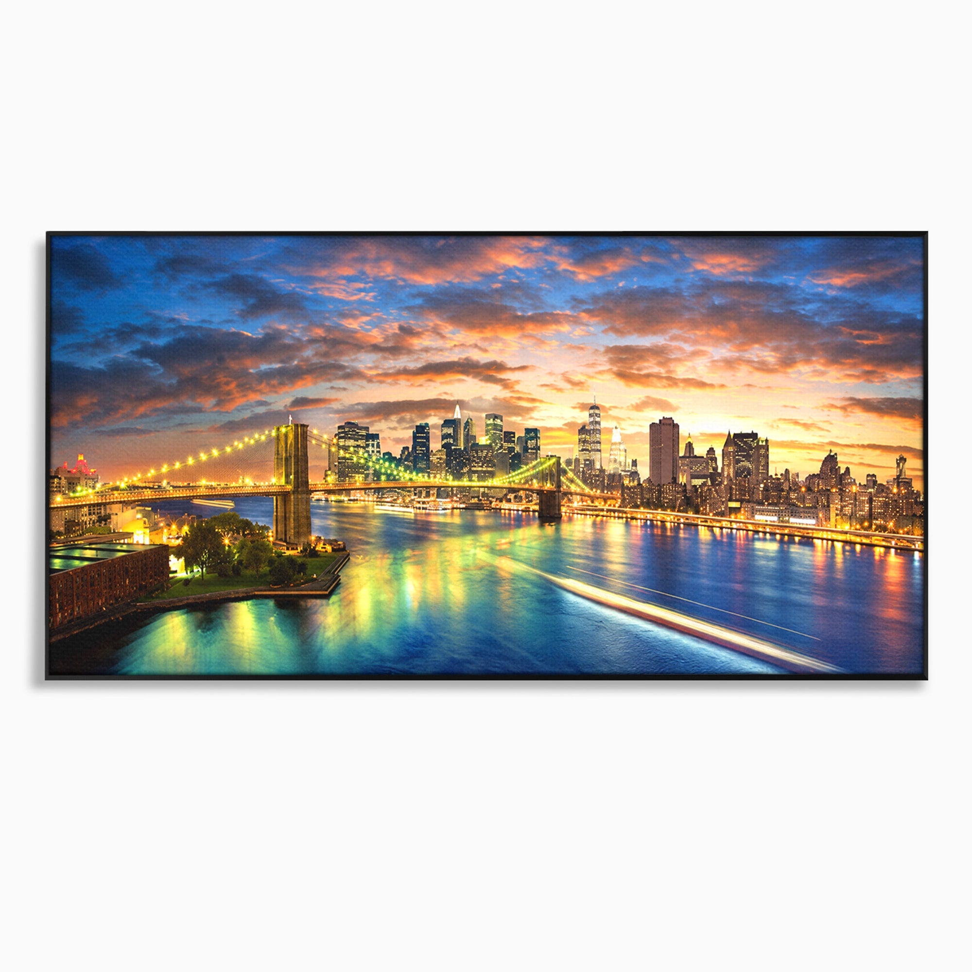 Tablou Canvas Premium LuxCanva® O1072, Orasul Luminat, Oras, Pod, Apus, Reflexii, Living, Culori Vibrante