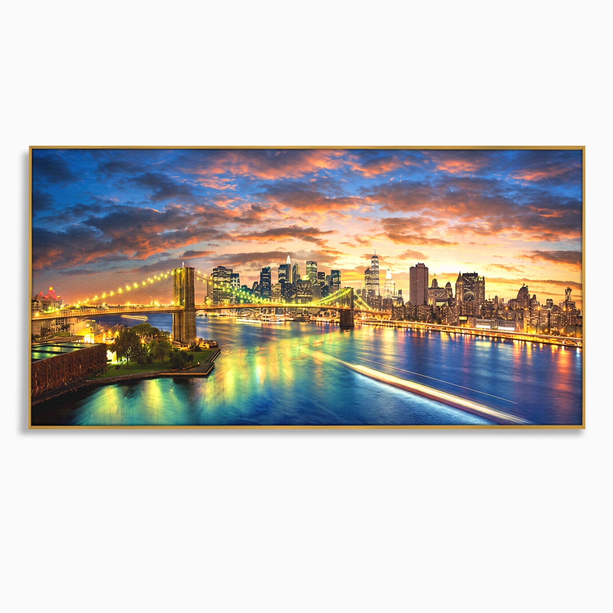 Tablou Canvas Premium LuxCanva® O1072, Orasul Luminat, Oras, Pod, Apus, Reflexii, Living, Culori Vibrante