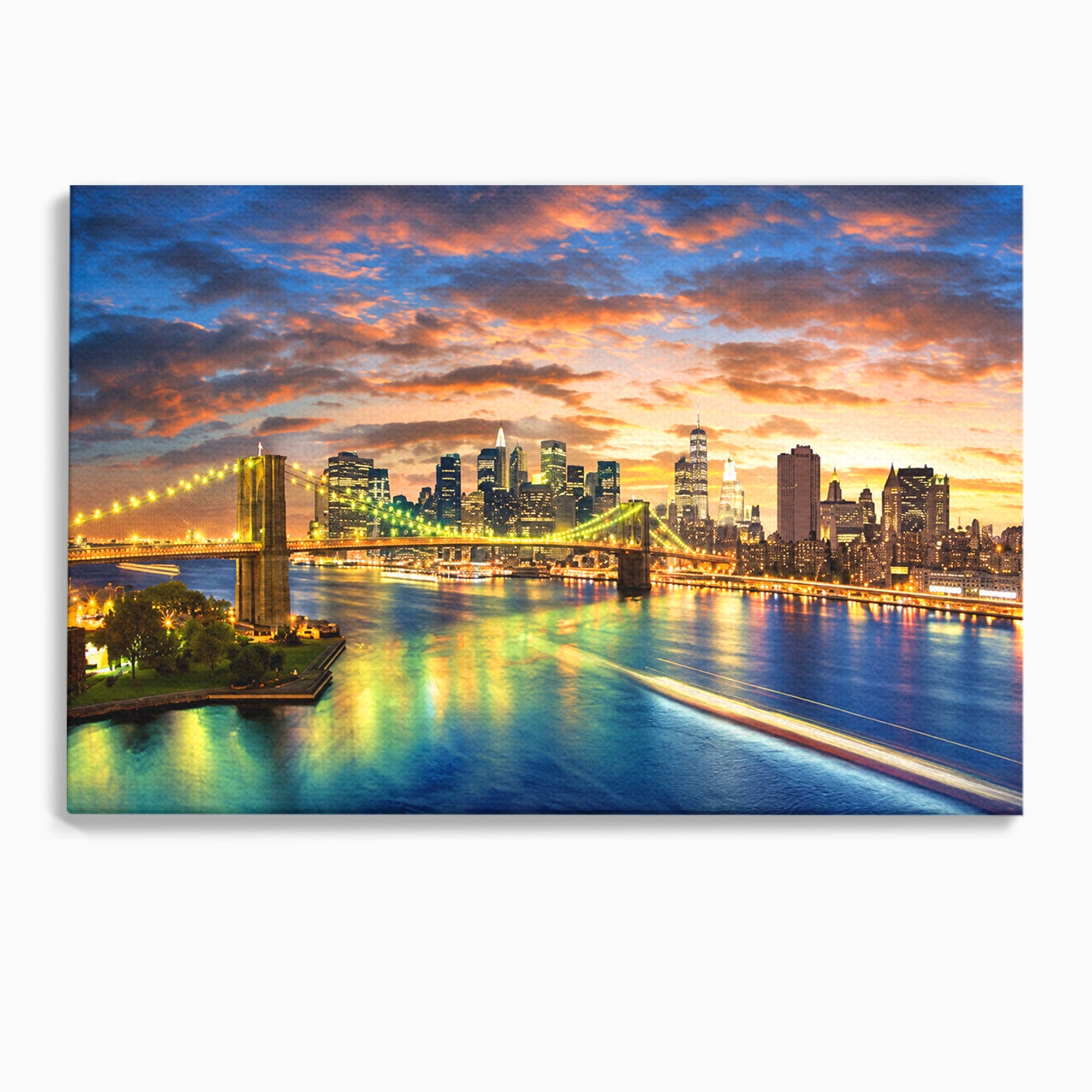 Tablou Canvas Premium LuxCanva® O1072, Orasul Luminat, Oras, Pod, Apus, Reflexii, Living, Culori Vibrante
