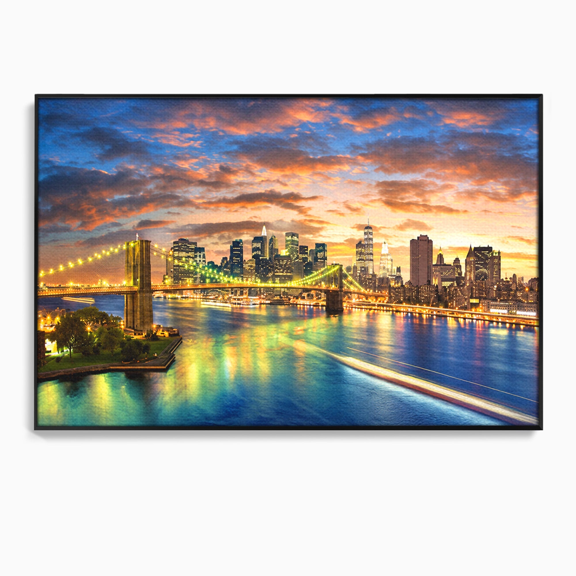 Tablou Canvas Premium LuxCanva® O1072, Orasul Luminat, Oras, Pod, Apus, Reflexii, Living, Culori Vibrante