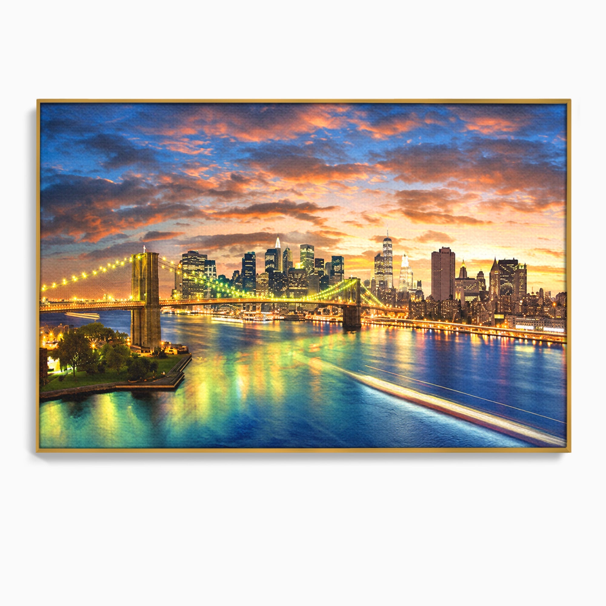 Tablou Canvas Premium LuxCanva® O1072, Orasul Luminat, Oras, Pod, Apus, Reflexii, Living, Culori Vibrante
