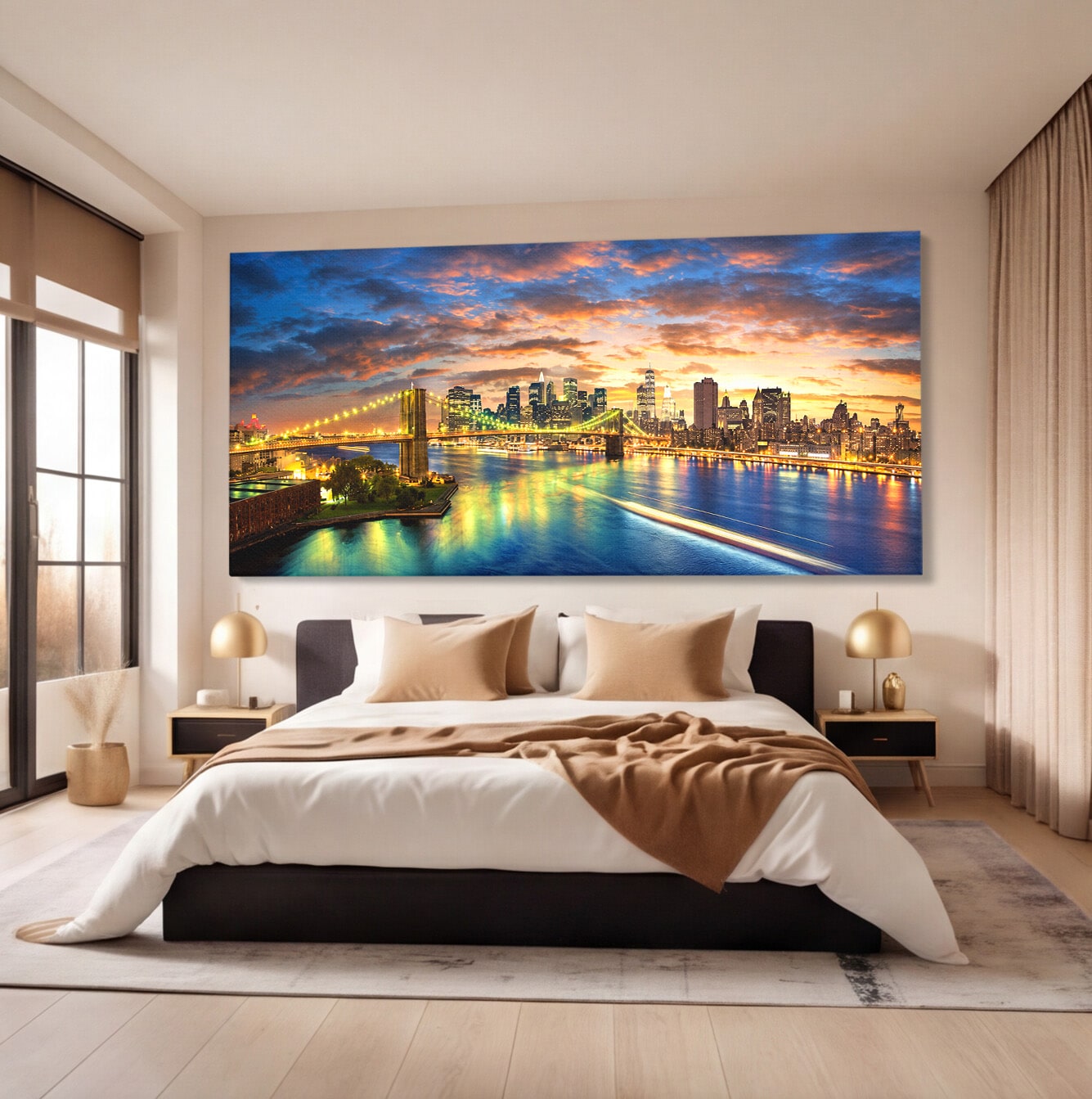 Tablou Canvas Premium LuxCanva® O1072, Orasul Luminat, Oras, Pod, Apus, Reflexii, Living, Culori Vibrante