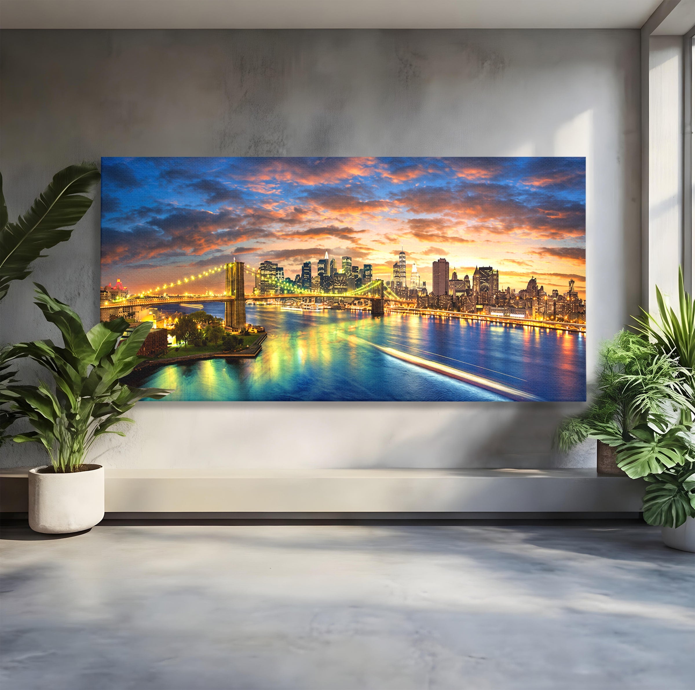 Tablou Canvas Premium LuxCanva® O1072, Orasul Luminat, Oras, Pod, Apus, Reflexii, Living, Culori Vibrante