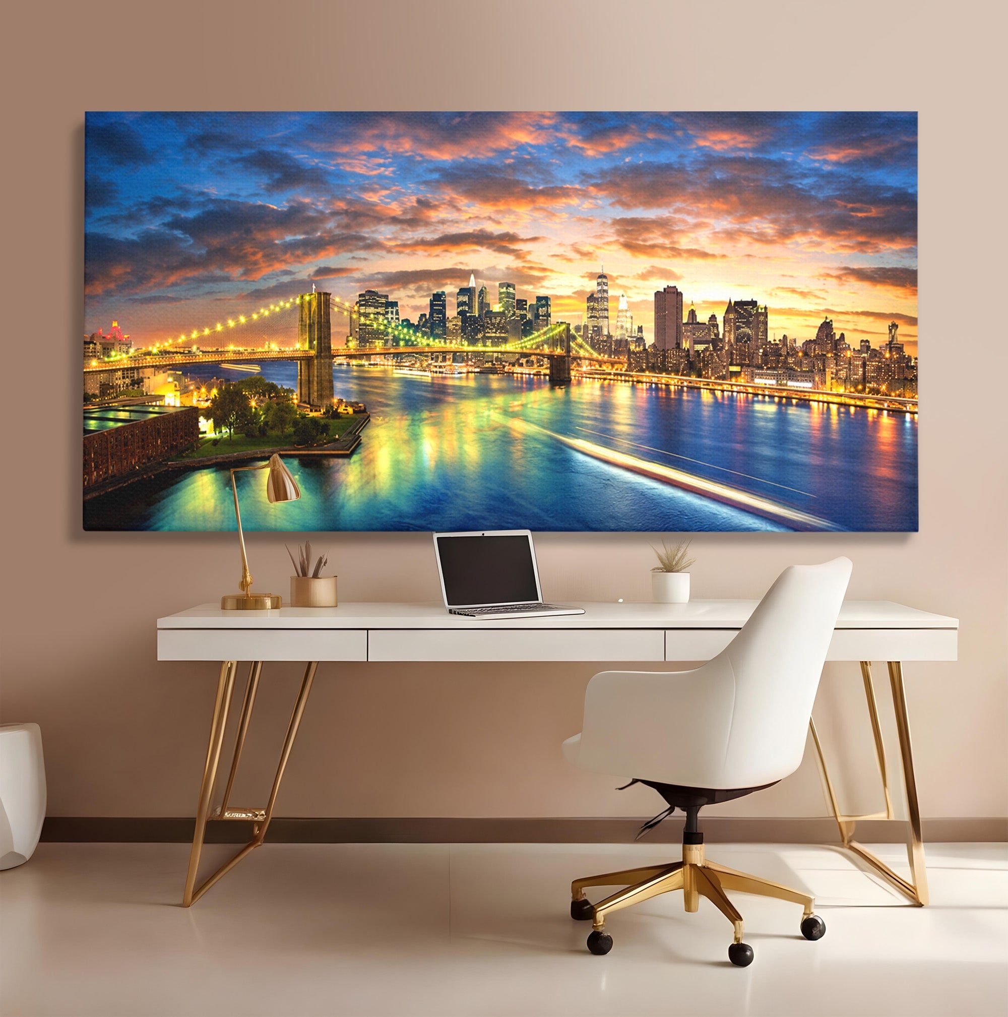 Tablou Canvas Premium LuxCanva® O1072, Orasul Luminat, Oras, Pod, Apus, Reflexii, Living, Culori Vibrante