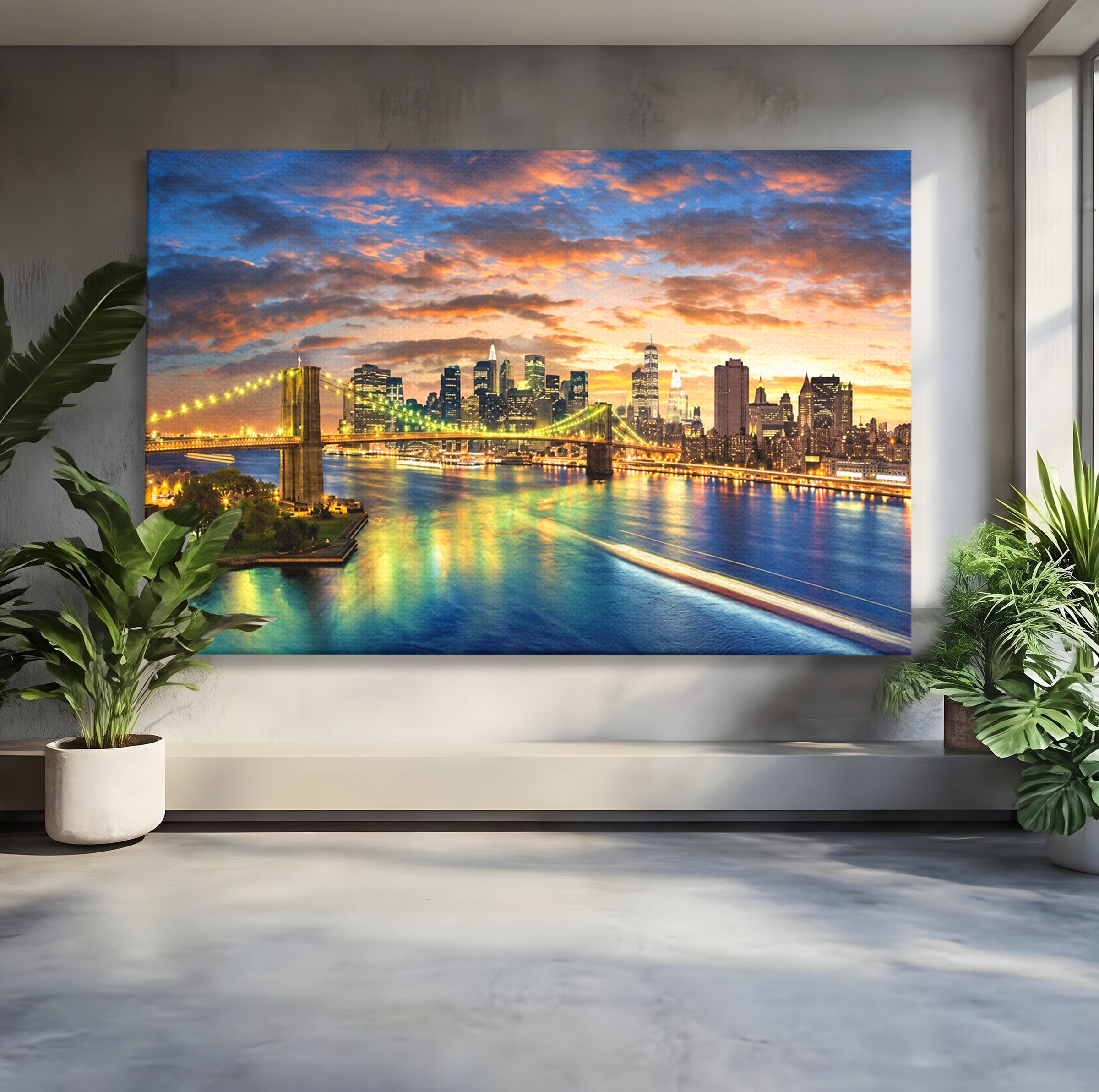 Tablou Canvas Premium LuxCanva® O1072, Orasul Luminat, Oras, Pod, Apus, Reflexii, Living, Culori Vibrante