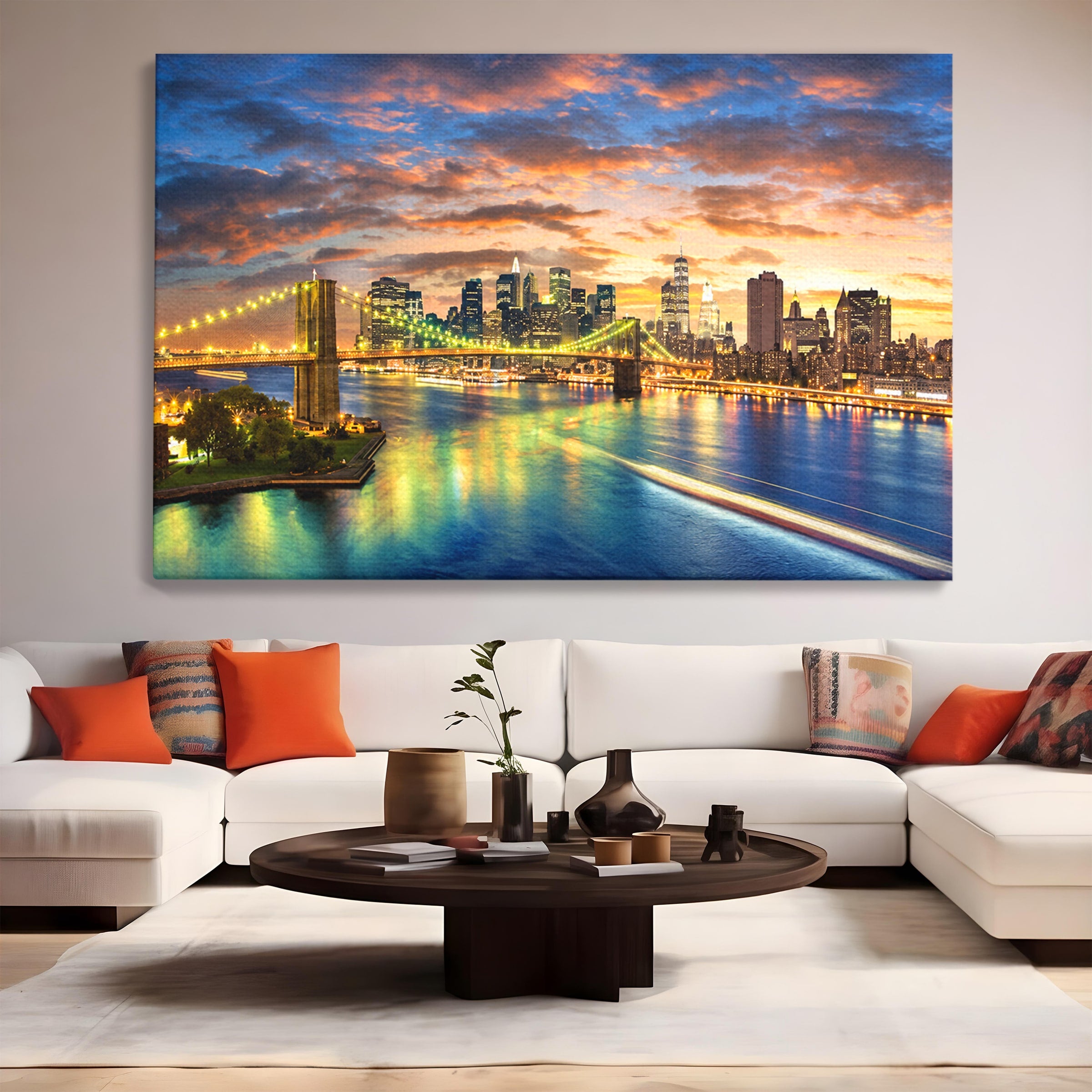 Tablou Canvas Premium LuxCanva® O1072, Orasul Luminat, Oras, Pod, Apus, Reflexii, Living, Culori Vibrante
