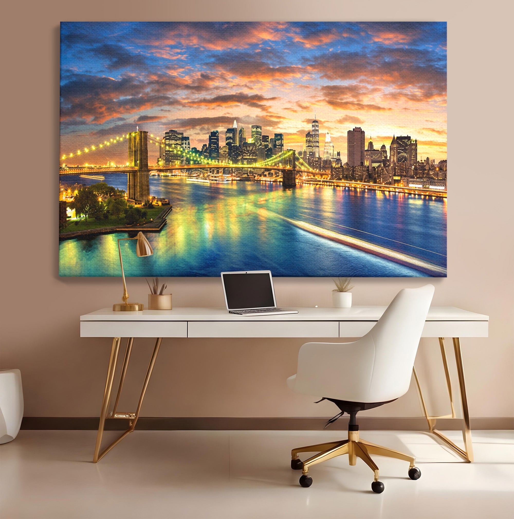 Tablou Canvas Premium LuxCanva® O1072, Orasul Luminat, Oras, Pod, Apus, Reflexii, Living, Culori Vibrante