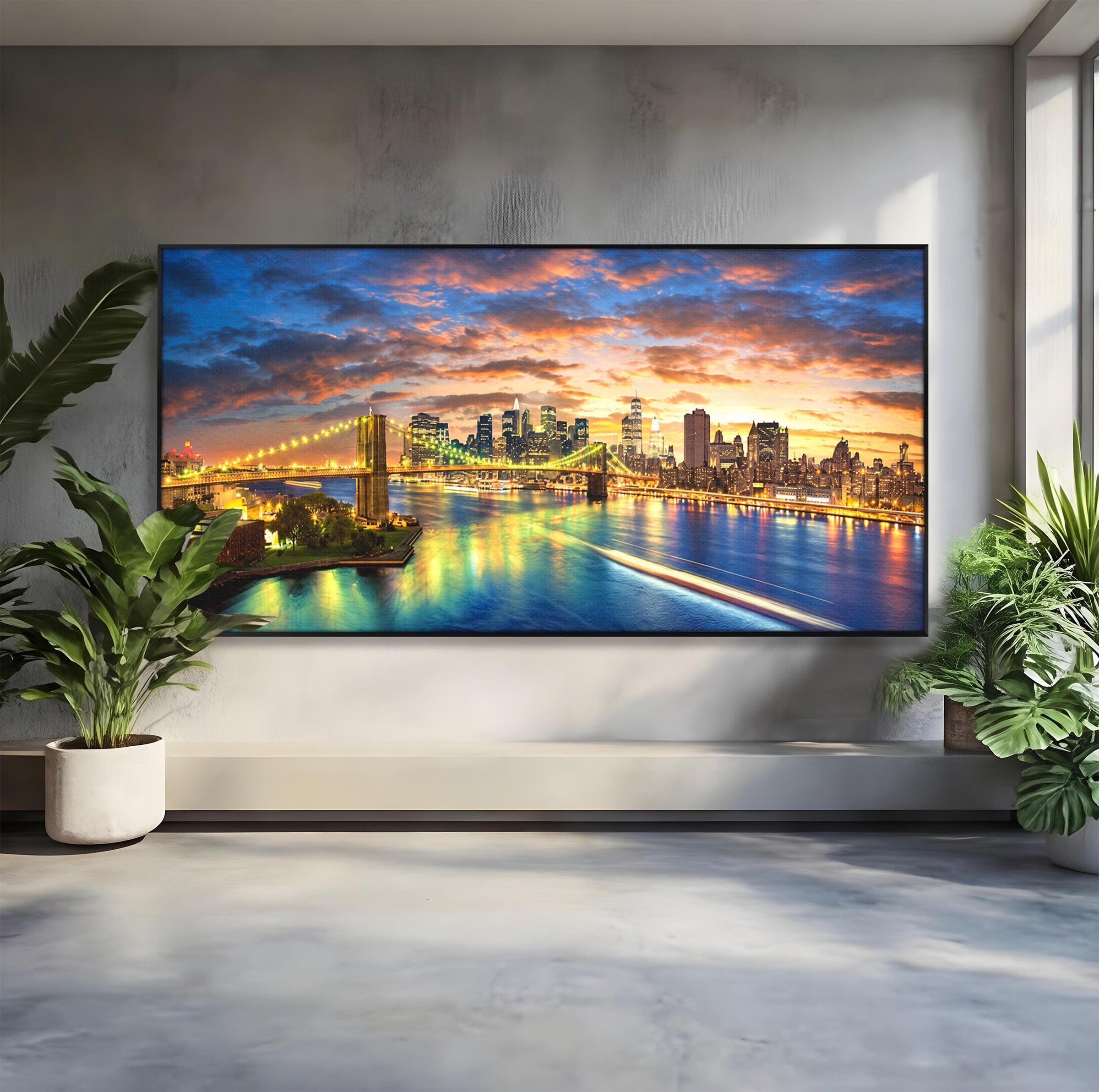 Tablou Canvas Premium LuxCanva® O1072, Orasul Luminat, Oras, Pod, Apus, Reflexii, Living, Culori Vibrante