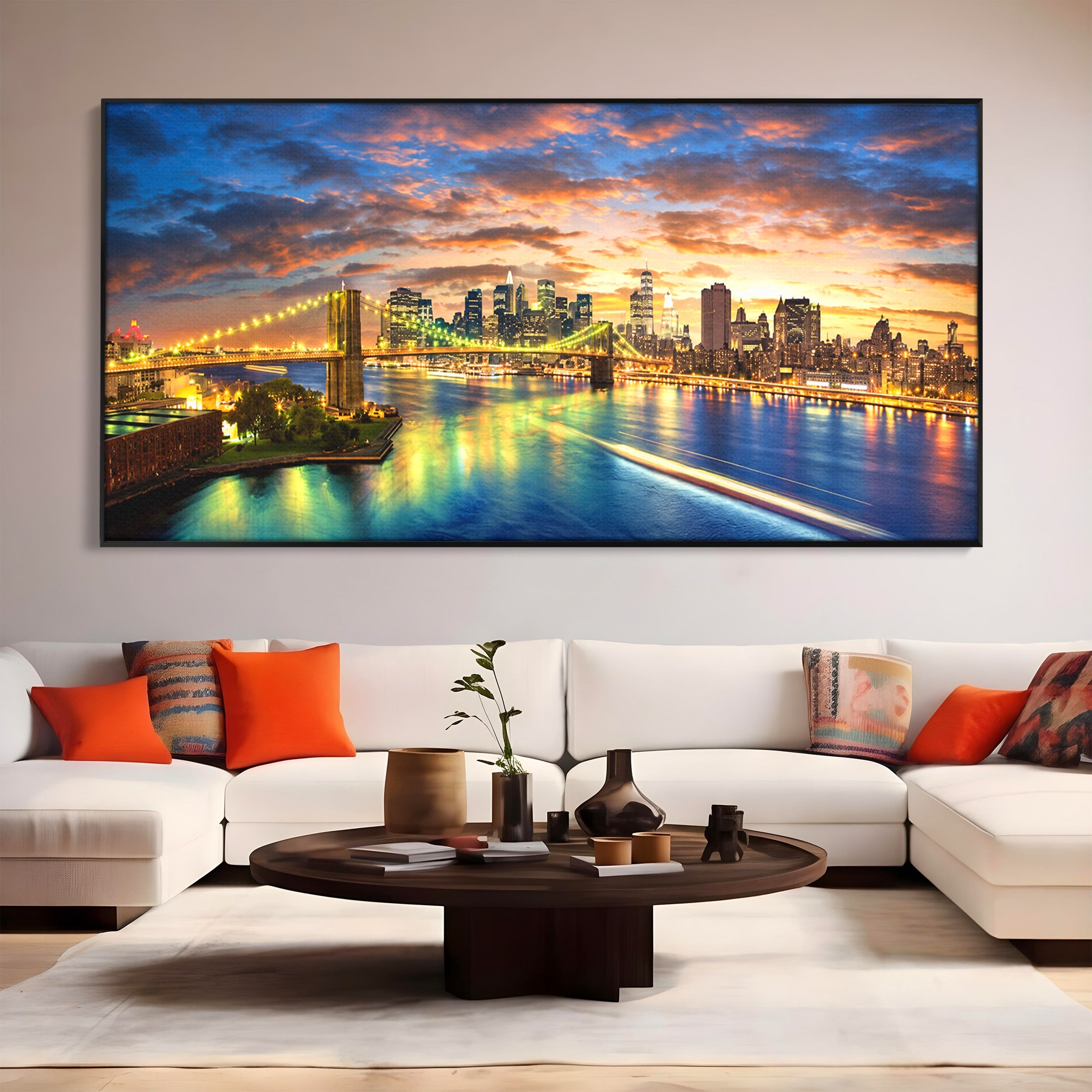 Tablou Canvas Premium LuxCanva® O1072, Orasul Luminat, Oras, Pod, Apus, Reflexii, Living, Culori Vibrante