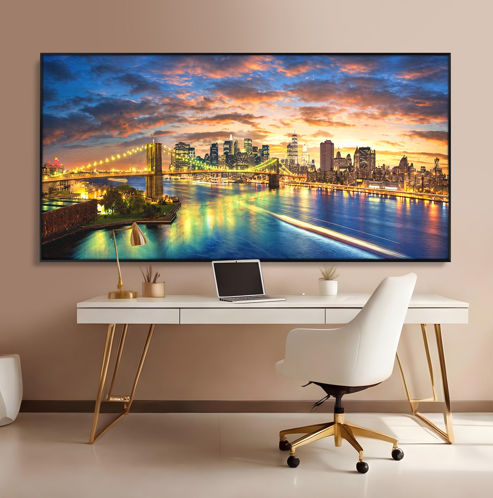 Tablou Canvas Premium LuxCanva® O1072, Orasul Luminat, Oras, Pod, Apus, Reflexii, Living, Culori Vibrante