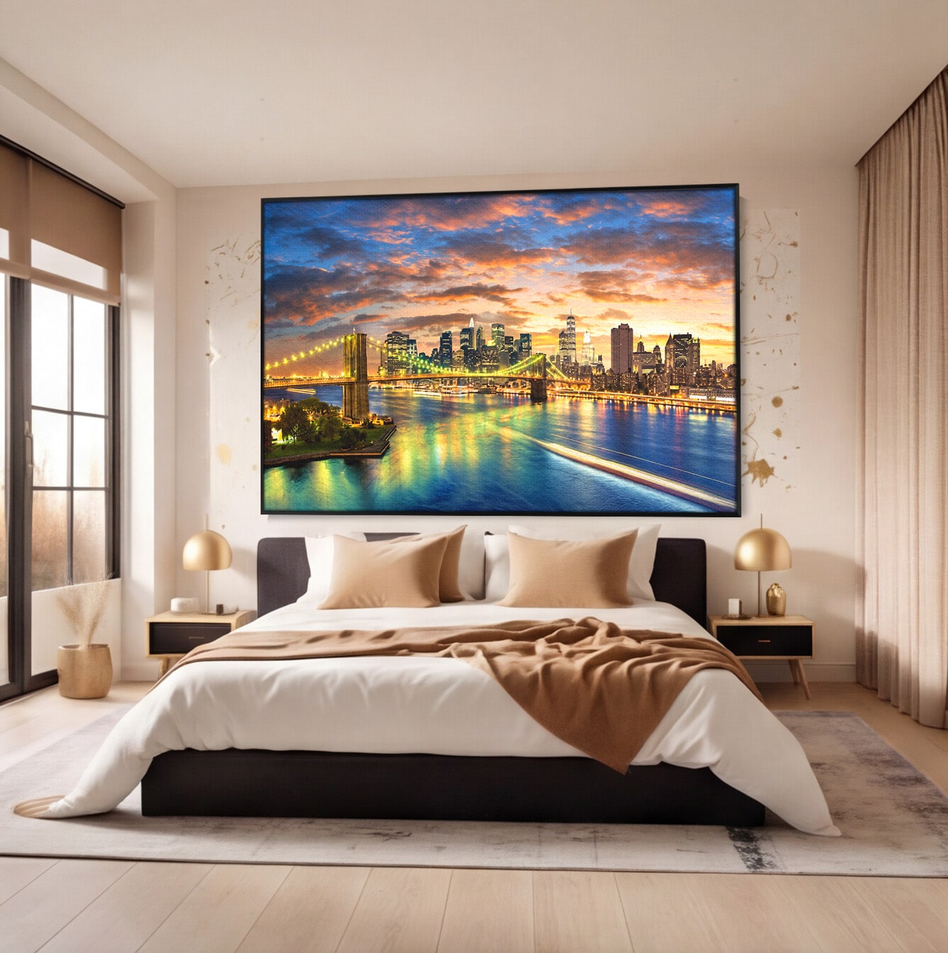 Tablou Canvas Premium LuxCanva® O1072, Orasul Luminat, Oras, Pod, Apus, Reflexii, Living, Culori Vibrante