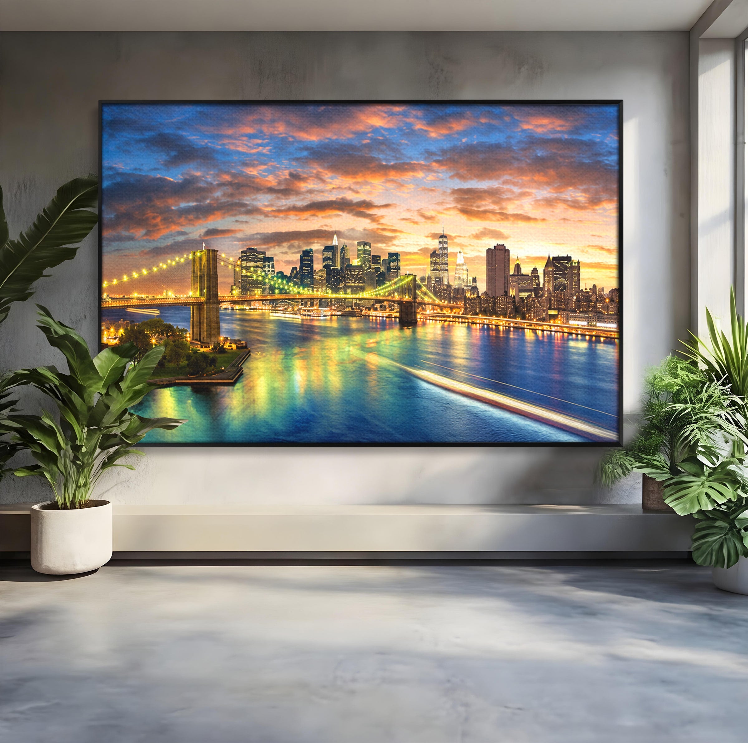 Tablou Canvas Premium LuxCanva® O1072, Orasul Luminat, Oras, Pod, Apus, Reflexii, Living, Culori Vibrante