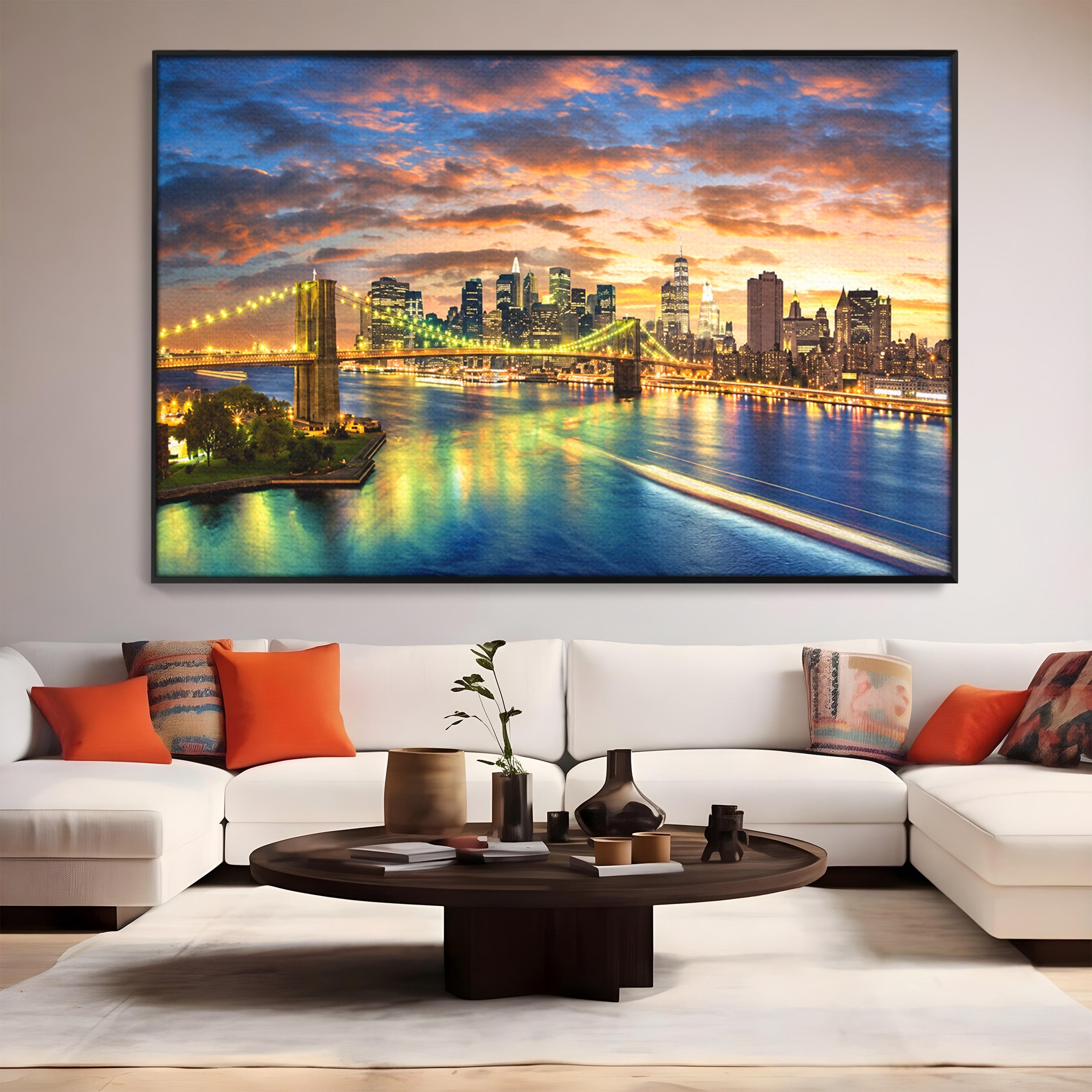 Tablou Canvas Premium LuxCanva® O1072, Orasul Luminat, Oras, Pod, Apus, Reflexii, Living, Culori Vibrante