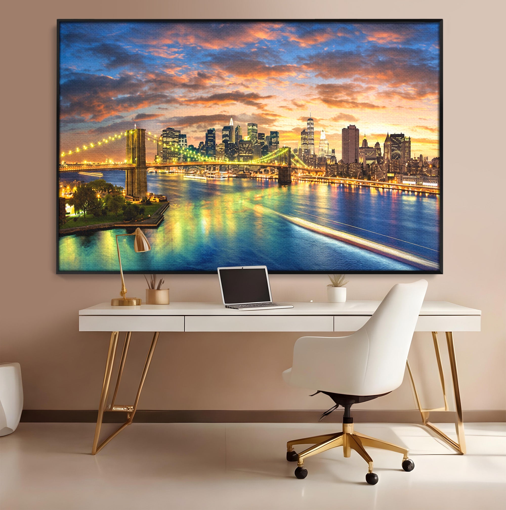 Tablou Canvas Premium LuxCanva® O1072, Orasul Luminat, Oras, Pod, Apus, Reflexii, Living, Culori Vibrante