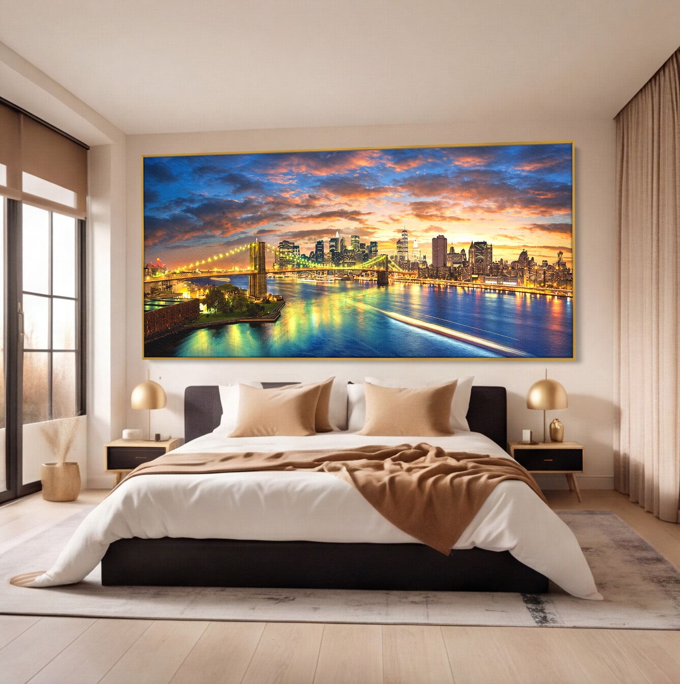 Tablou Canvas Premium LuxCanva® O1072, Orasul Luminat, Oras, Pod, Apus, Reflexii, Living, Culori Vibrante