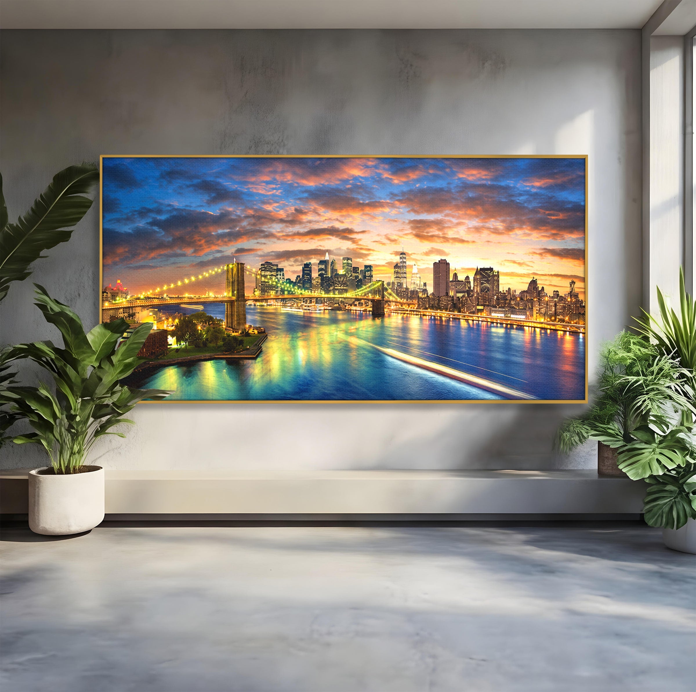 Tablou Canvas Premium LuxCanva® O1072, Orasul Luminat, Oras, Pod, Apus, Reflexii, Living, Culori Vibrante