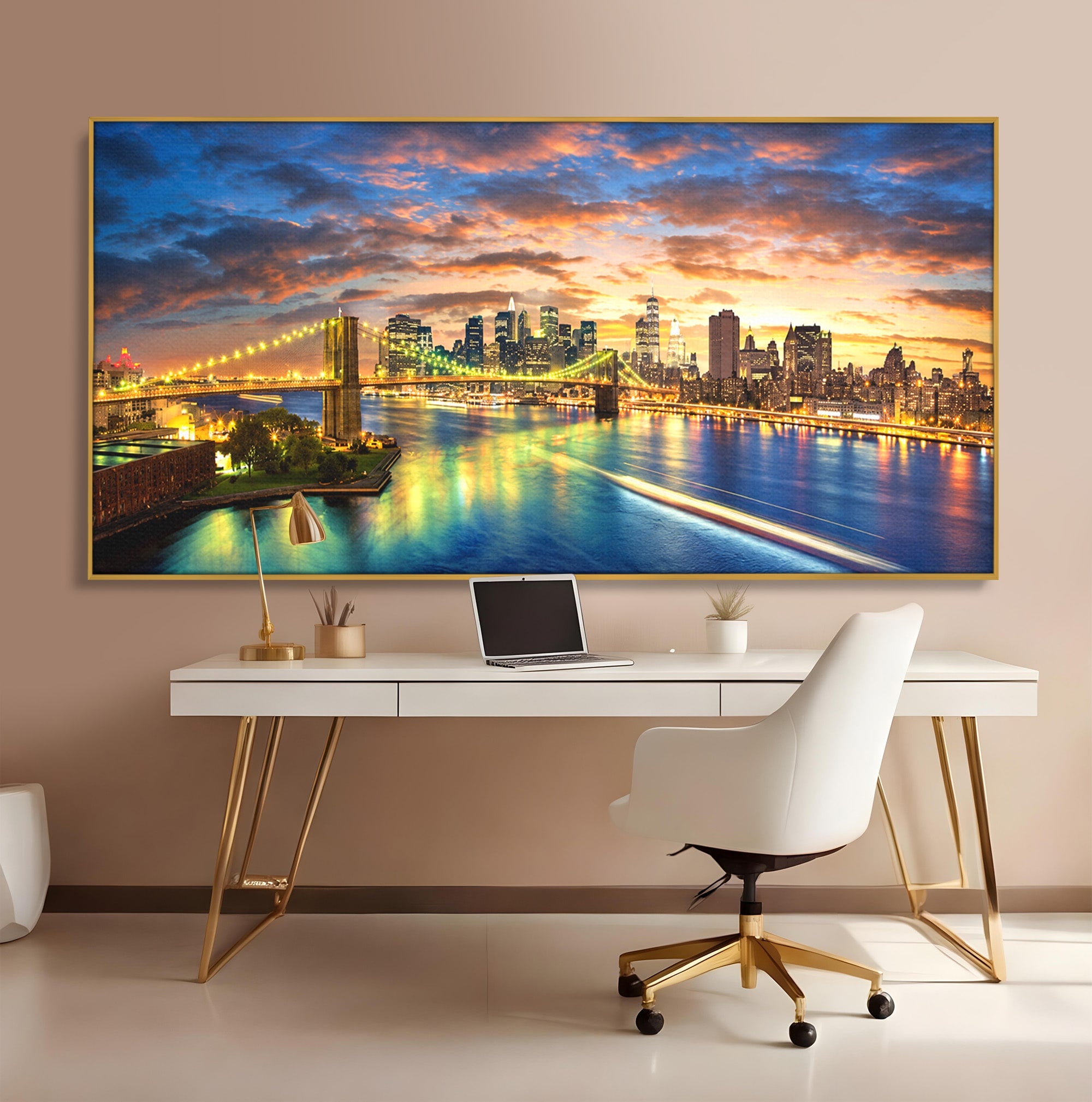 Tablou Canvas Premium LuxCanva® O1072, Orasul Luminat, Oras, Pod, Apus, Reflexii, Living, Culori Vibrante