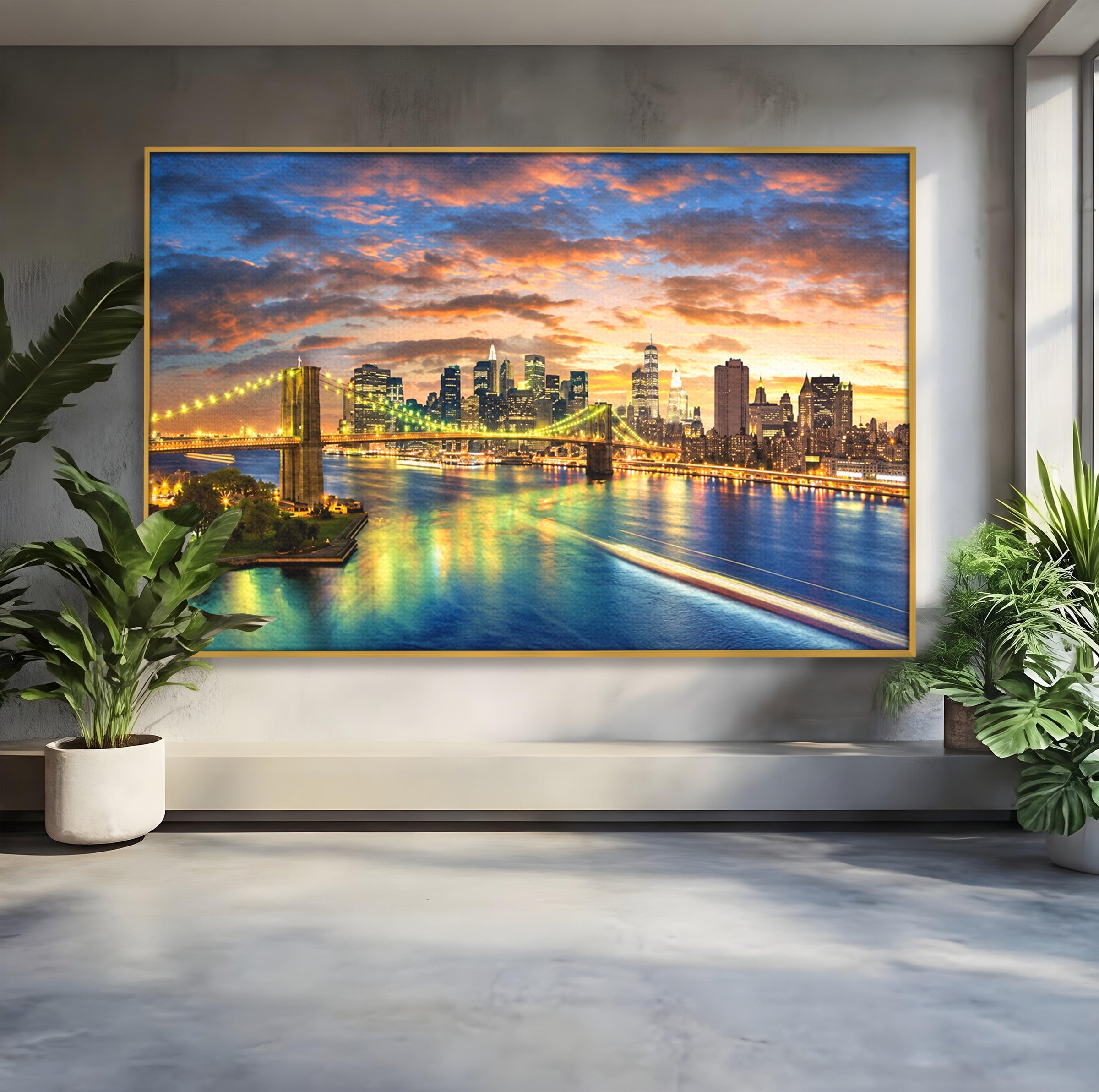 Tablou Canvas Premium LuxCanva® O1072, Orasul Luminat, Oras, Pod, Apus, Reflexii, Living, Culori Vibrante