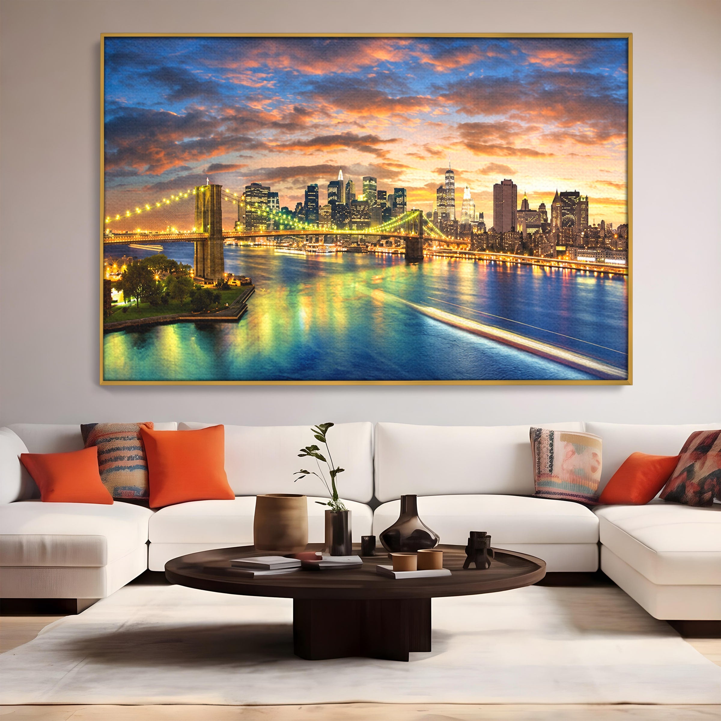 Tablou Canvas Premium LuxCanva® O1072, Orasul Luminat, Oras, Pod, Apus, Reflexii, Living, Culori Vibrante