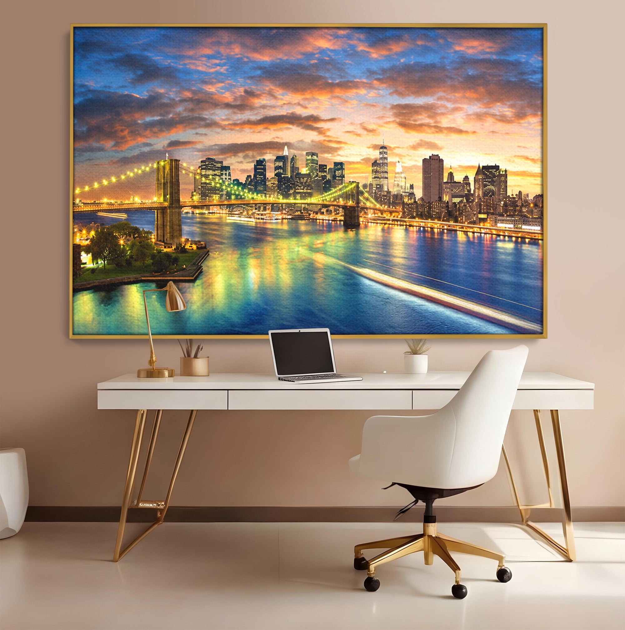 Tablou Canvas Premium LuxCanva® O1072, Orasul Luminat, Oras, Pod, Apus, Reflexii, Living, Culori Vibrante